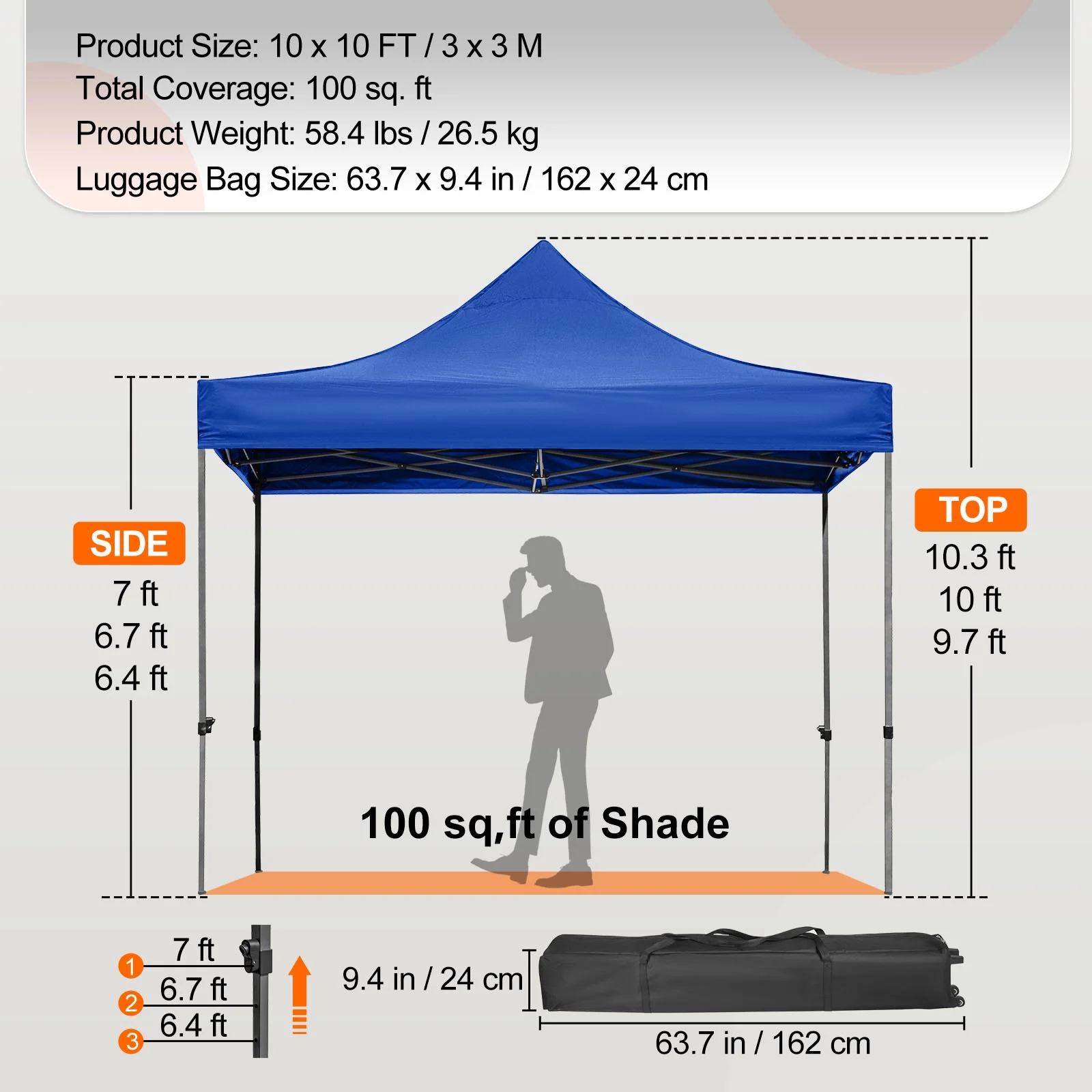 BENTISM 10' x 10' Instant Pop Up Gazebo Tent, Adjustable Height with UV Resistant
