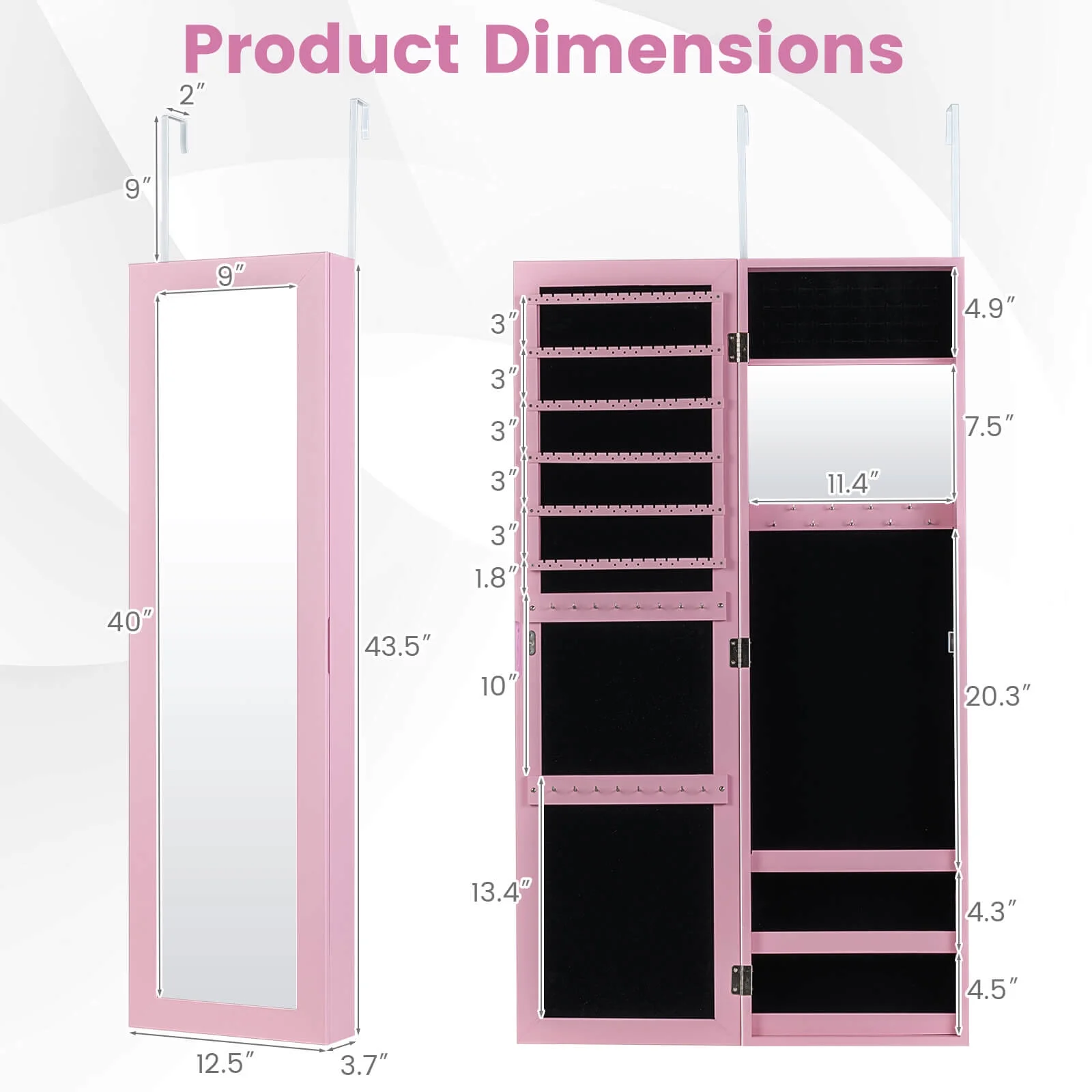 Costway Wall Door Mounted Mirrored Jewelry Cabinet Storage Organizer-Black
