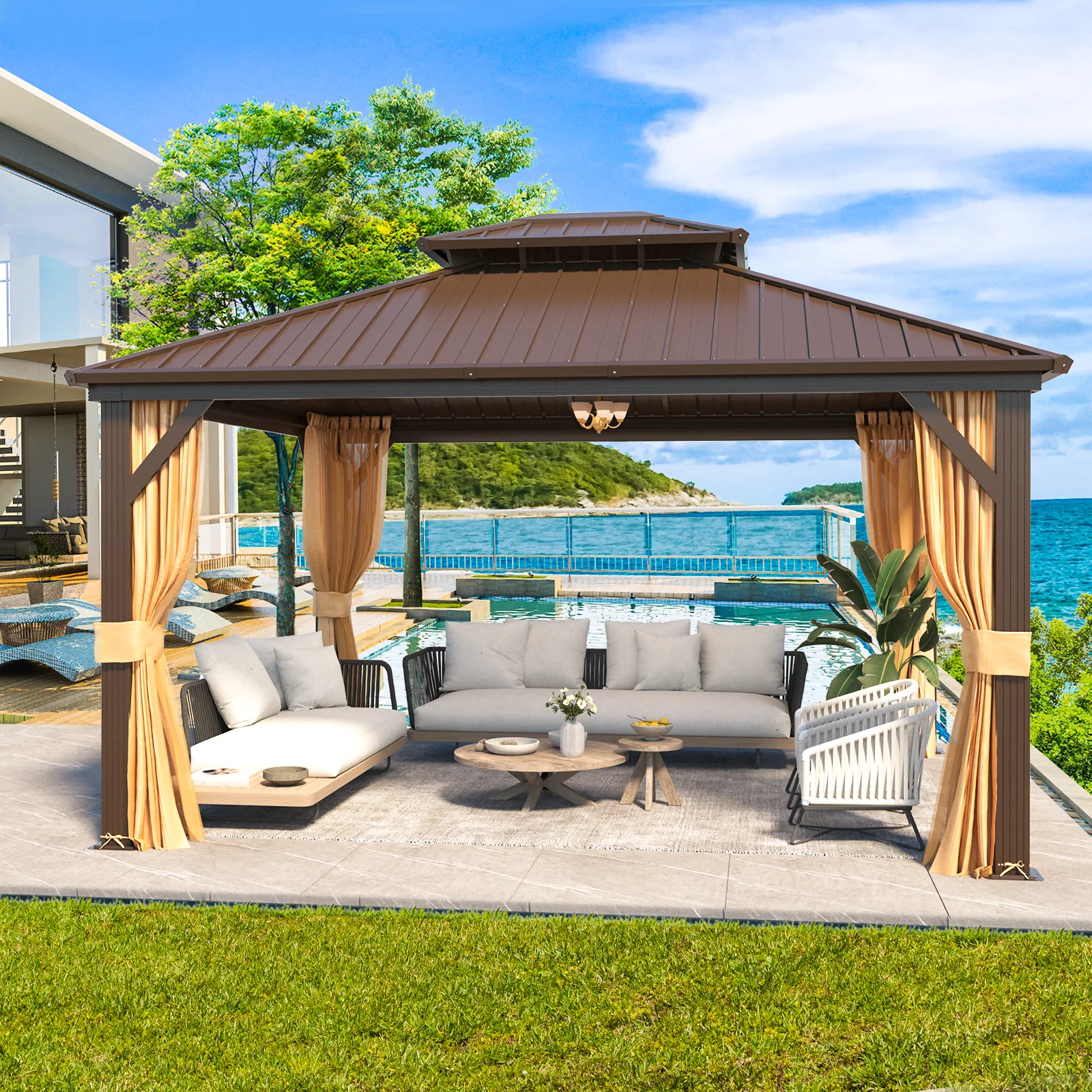 Hommow 10' X 12' Hardtop Gazebo Aluminum Frame Gazebo with Galvanized Steel Double Roof