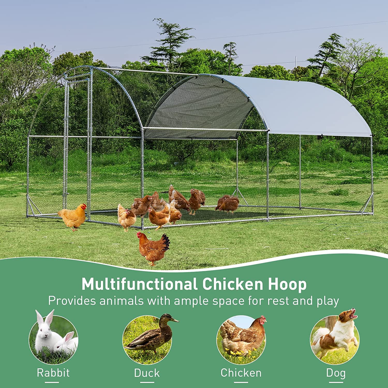 Large Metal Chicken Coops, Outdoor Duck Walk-in Run Poultry Cage, Hen House Yard Habitat Cage with Waterproof Cover Spire Shaped Coop, 9.8' L x 6.6' W x 6.6' H