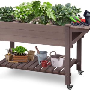MEDEHOO Elevated Wooden Planter Box with Locking Casters - 52.7" L x 22" W x 30" H Raised Garden Bed, Removable Liner & 230lb Weight Capacity for Outdoor Plants