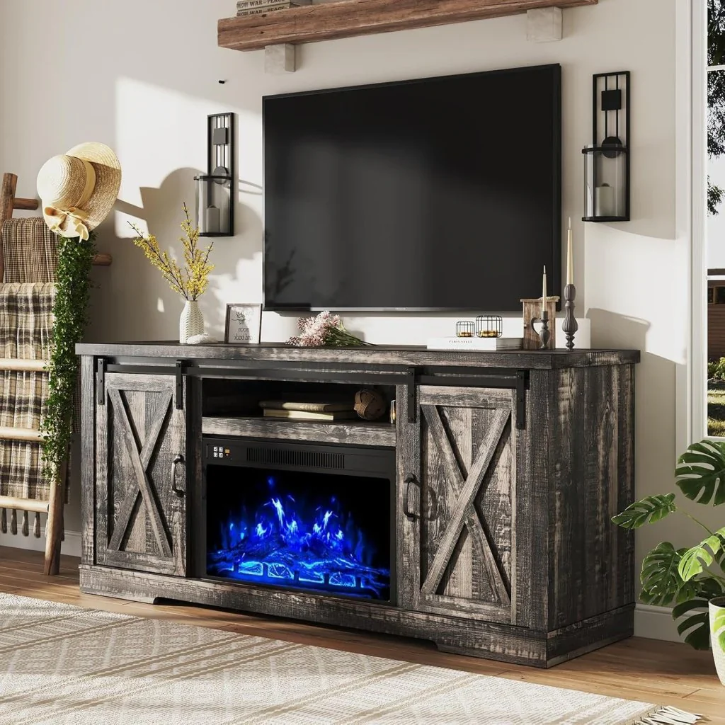 AMERLIFE Fireplace TV Stand with Sliding Barn Door for TVs up to 73″, Farmhouse 63″ Fireplace Entertainment Center with Storage Cabinets/Adjustable Shelves