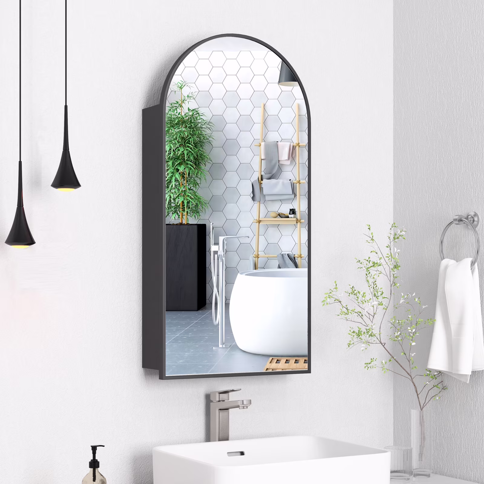FKWin Arched Bathroom Medicine Cabinet with Mirror – Aluminum Framed Bathroom Mirror with Storage, Black Mirrored Medicine Cabinet, Wall Surface Mounted, 31.4″H x 15.7″W x 3.9″D