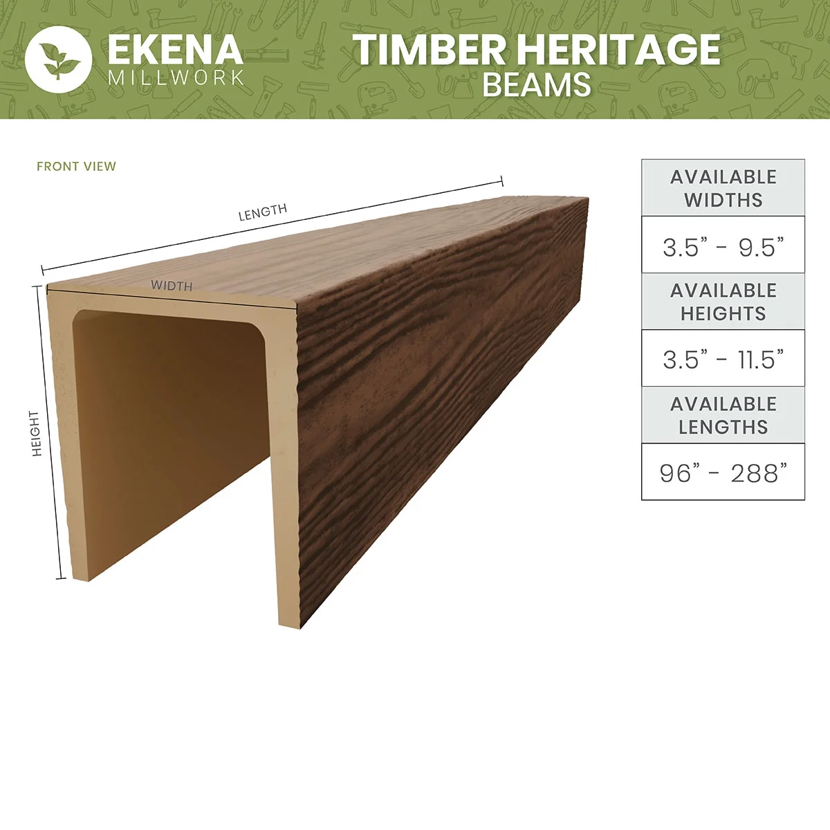 Ekena Millwork 3 1/2"W x 3 1/2"H x 120"L 3-Sided (U-Beam) Mena HeritageTimber Faux Wood Ceiling Beam, Kona Brown