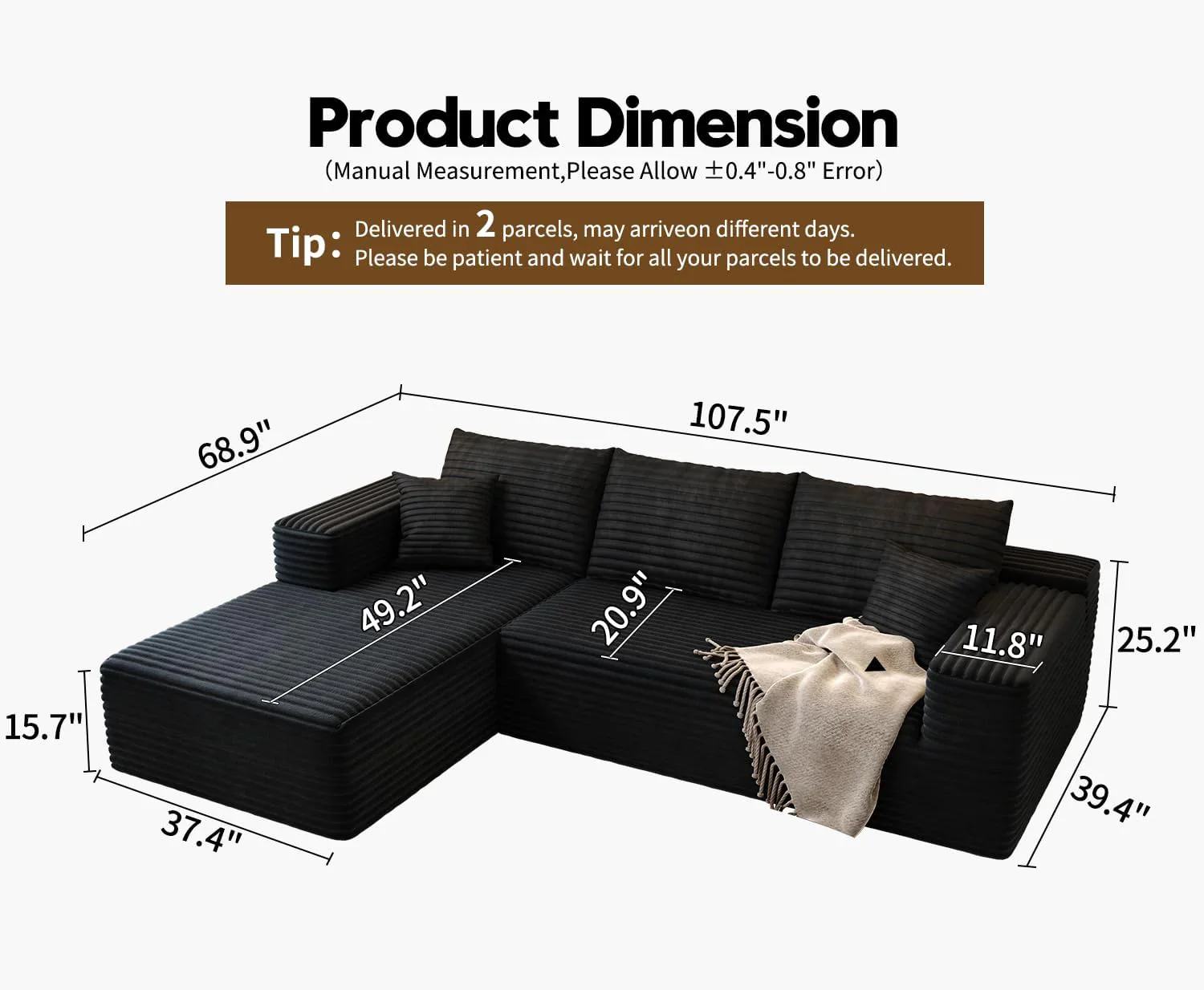 107.5" Cloud Modular Sectional Sofa Couch with L-Shape Chaise,Modern Minimalist Upholstered Couches for Living Room Bedroom,Deep Seat Corner Couch .No Assembly Required (Black,Left Facing Chaise)