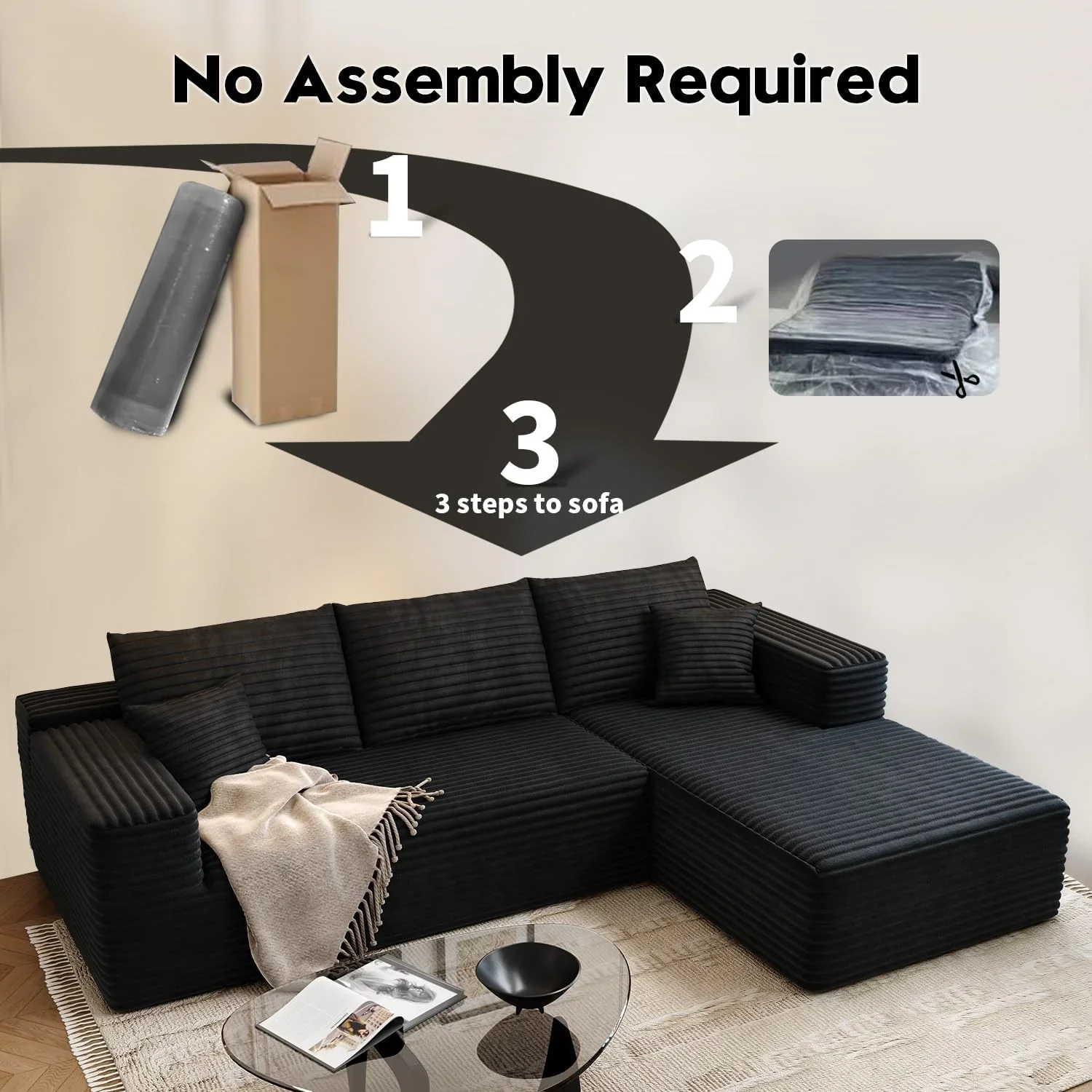 107.5" Cloud Modular Sectional Sofa Couch with L-Shape Chaise,Modern Minimalist Upholstered Couches for Living Room Bedroom,Deep Seat Corner Couch .No Assembly Required (Black,Left Facing Chaise)