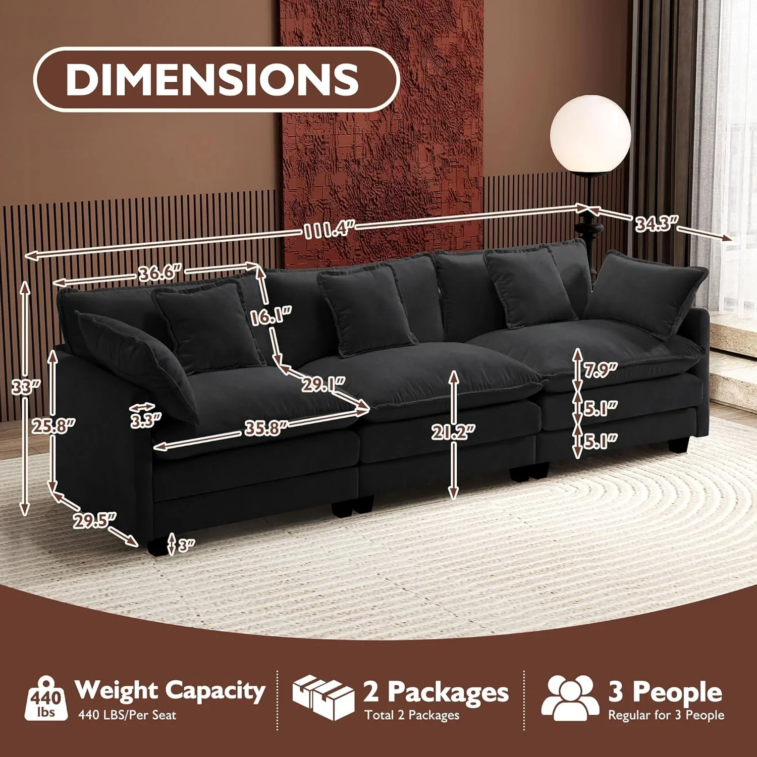 Ihanherry 146" U-Shaped Modern Sofa Modular Sectional Cloud Couch with 2 Ottoman, 6-Seat Chenille Deep Seat Sofa with 6 Pillows for Living Room, Bedroom and Apartment, Grey