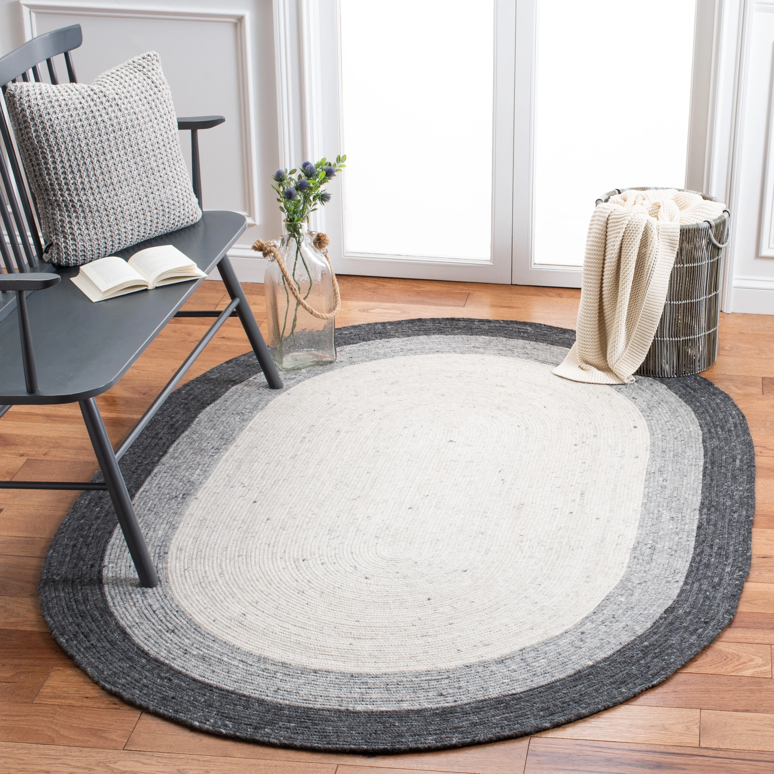 SAFAVIEH Braided Nazca Geometric Reversible Area Rug, Grey/Ivory, 6′ x 9′ Oval