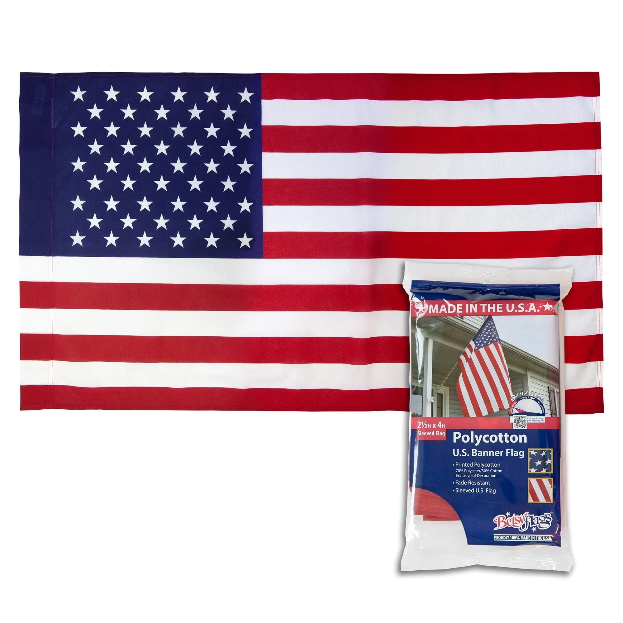 Printed Polycotton American Flag, Sleeved Banner Betsy Flags, 2.5′ x 4′
