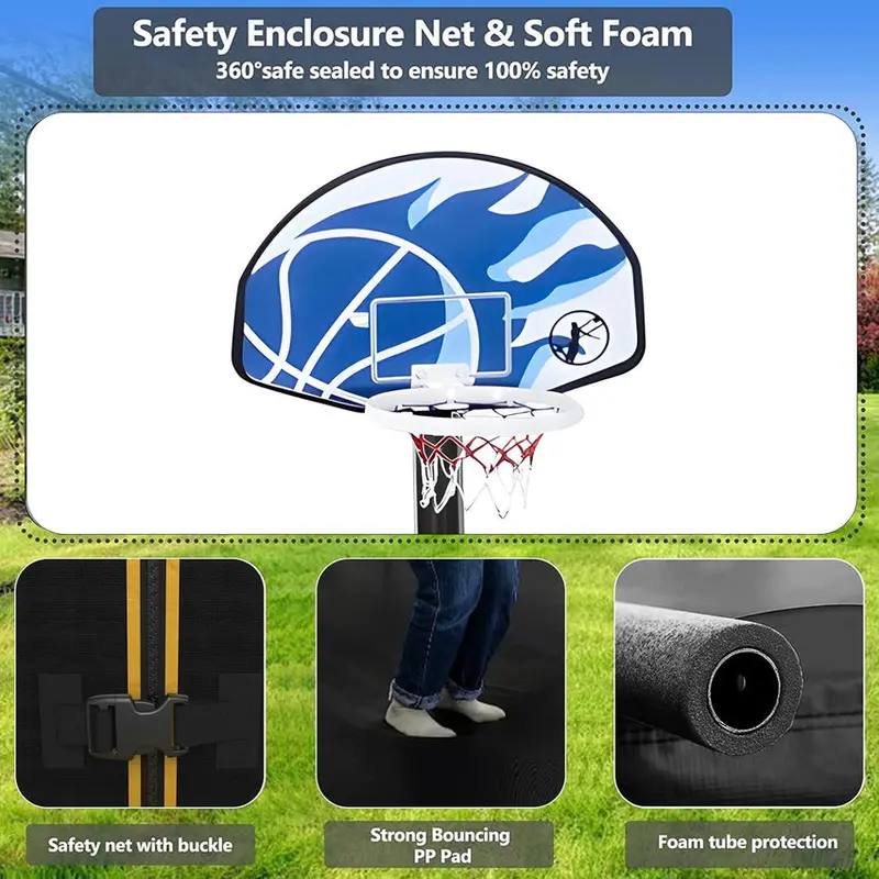 Trampoline With Enclosure Net And Adjustable Basketball Hoop - 8ft, 10ft, 12ft, 14ft, 15ft, 16ft