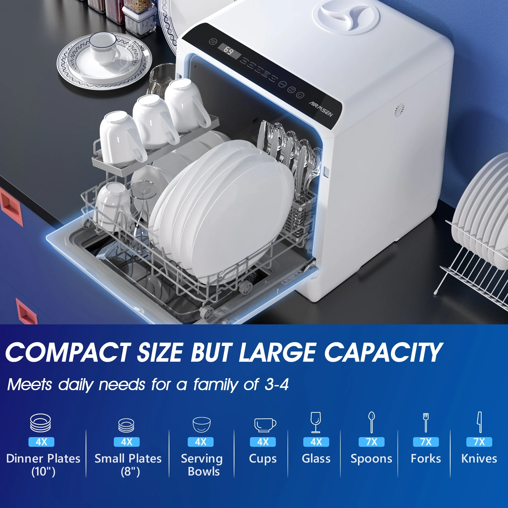 AIRMSEN Portable Countertop Dishwasher with 5 - Liter Built - in Water Tank and Air - Dry Function, 5 Washing Programs Mini Dishwasher, AE - TDQR03