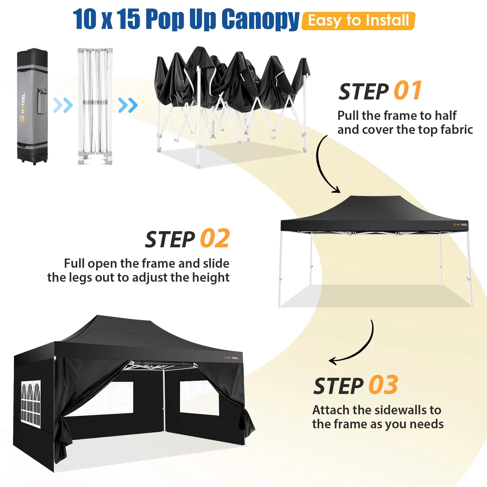 HOTEEL 10x15 Heavy Duty Canopy Tent - Commercial Pop Up with UV50+, Thick Hexagonal Frame, 4 Sidewalls, Anti-Pooling Design & Roller Bag (Black)