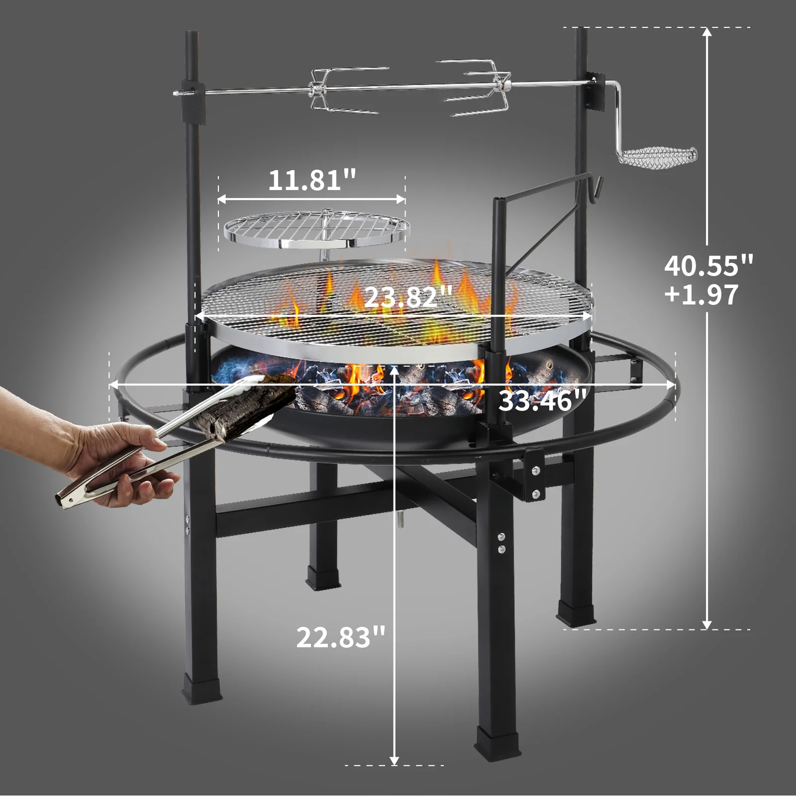 Hassch Round Iron Spray Grill Barbecue Grill Charcoal Grill Outdoor Grill Rotisserie Grill Grilling Grate Portable Outdoor Grill 33"L x 33"W x 43"H, Black