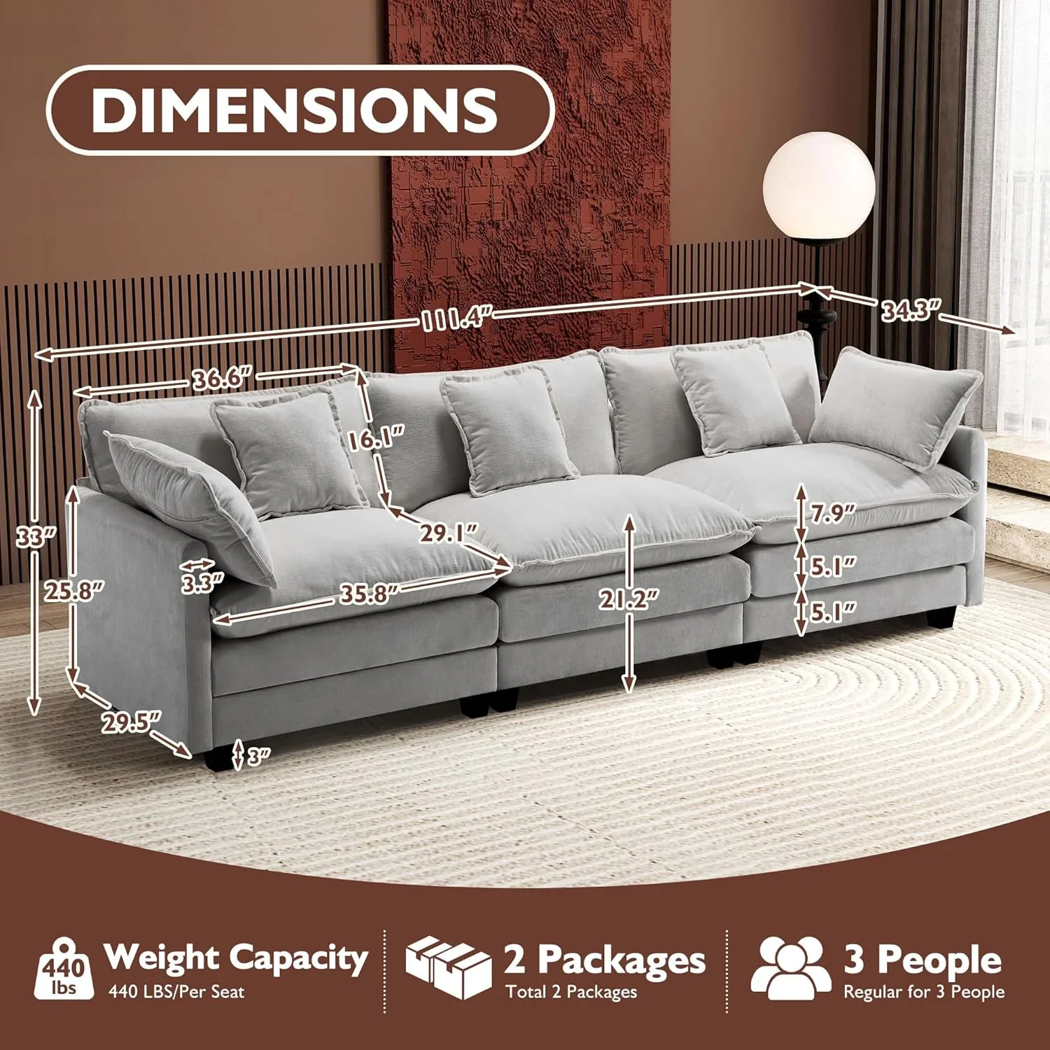 Ihanherry 146" U-Shaped Modern Sofa Modular Sectional Cloud Couch with 2 Ottoman, 6-Seat Chenille Deep Seat Sofa with 6 Pillows for Living Room, Bedroom and Apartment, Grey