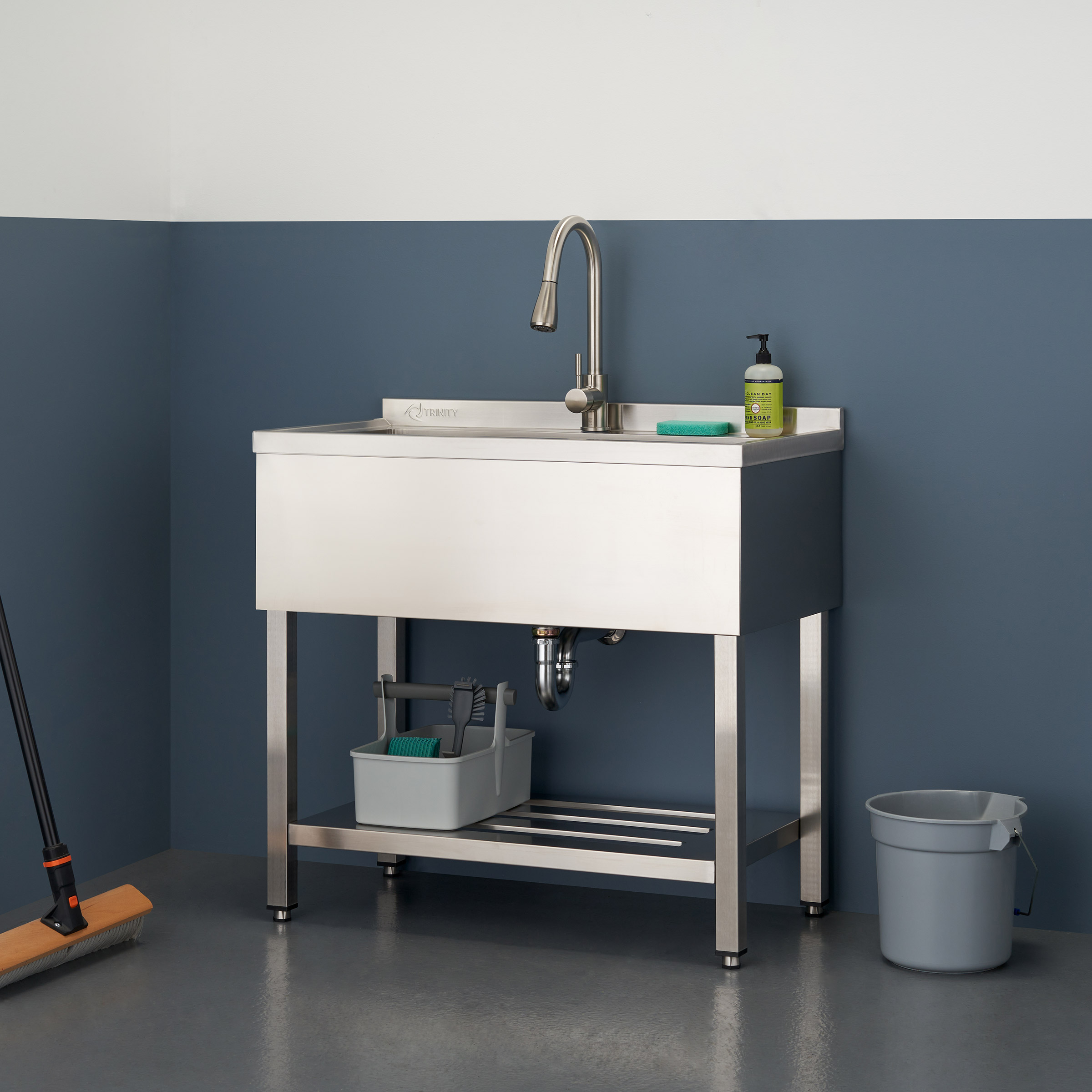 TRINITY 30′ x 14′ Basin Stainless Steel Utility Sink with Pull-down Faucet