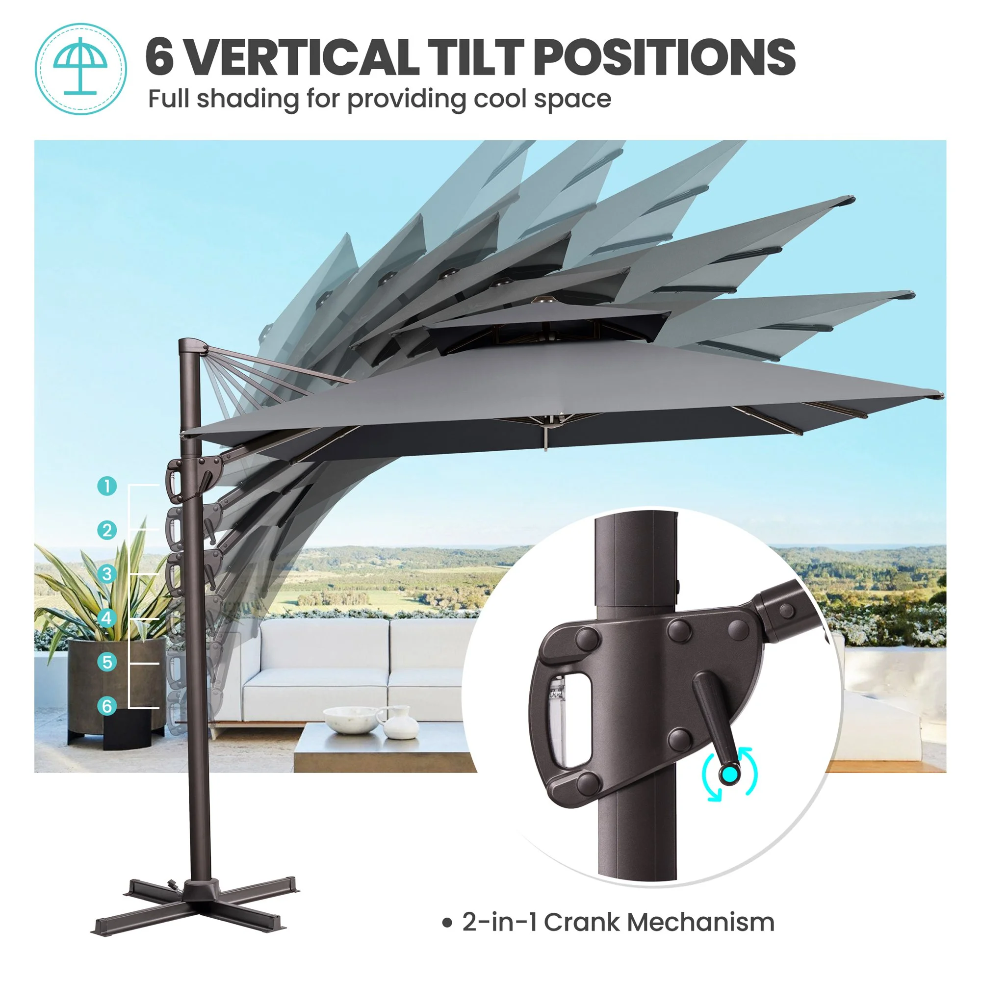 Pellebant 11 ft. x 9 ft. Rectangular Double Top Patio Cantilever Umbrella, Black
