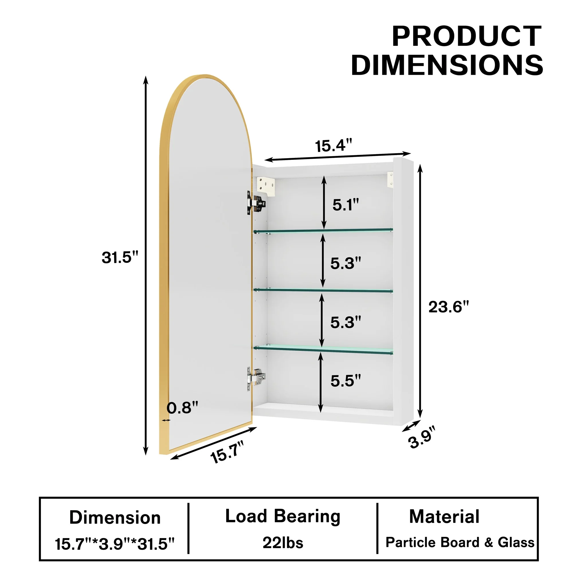 FKWin Arched Bathroom Medicine Cabinet with Mirror - Aluminum Framed Bathroom Mirror with Storage, Black Mirrored Medicine Cabinet, Wall Surface Mounted, 31.4"H x 15.7"W x 3.9"D