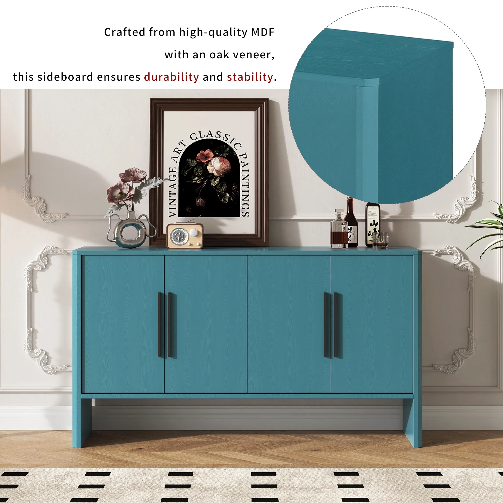 Accent Cabinet with 4 Doors, TUANLUO Buffet Cabinet with Adjustable Shelves, Wood Storage Cabinet, Modern Accent Cabinet Furniture for Hallway Entryway Living Room, 59"L x 15.7"W x 33.2"H, Blue