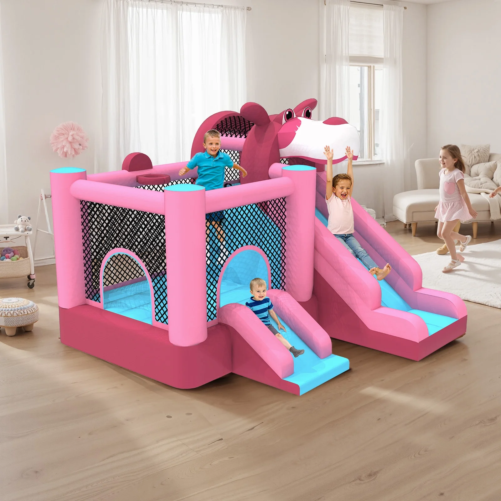 Mukidy 114''x 114'' x 92.5'' Inflatable Bounce Houses for Kids 3-10 with Blower Double Slide and Ball Pit/Indoor Bouncy House, PVC, Child, Teen, Toddler,Blue