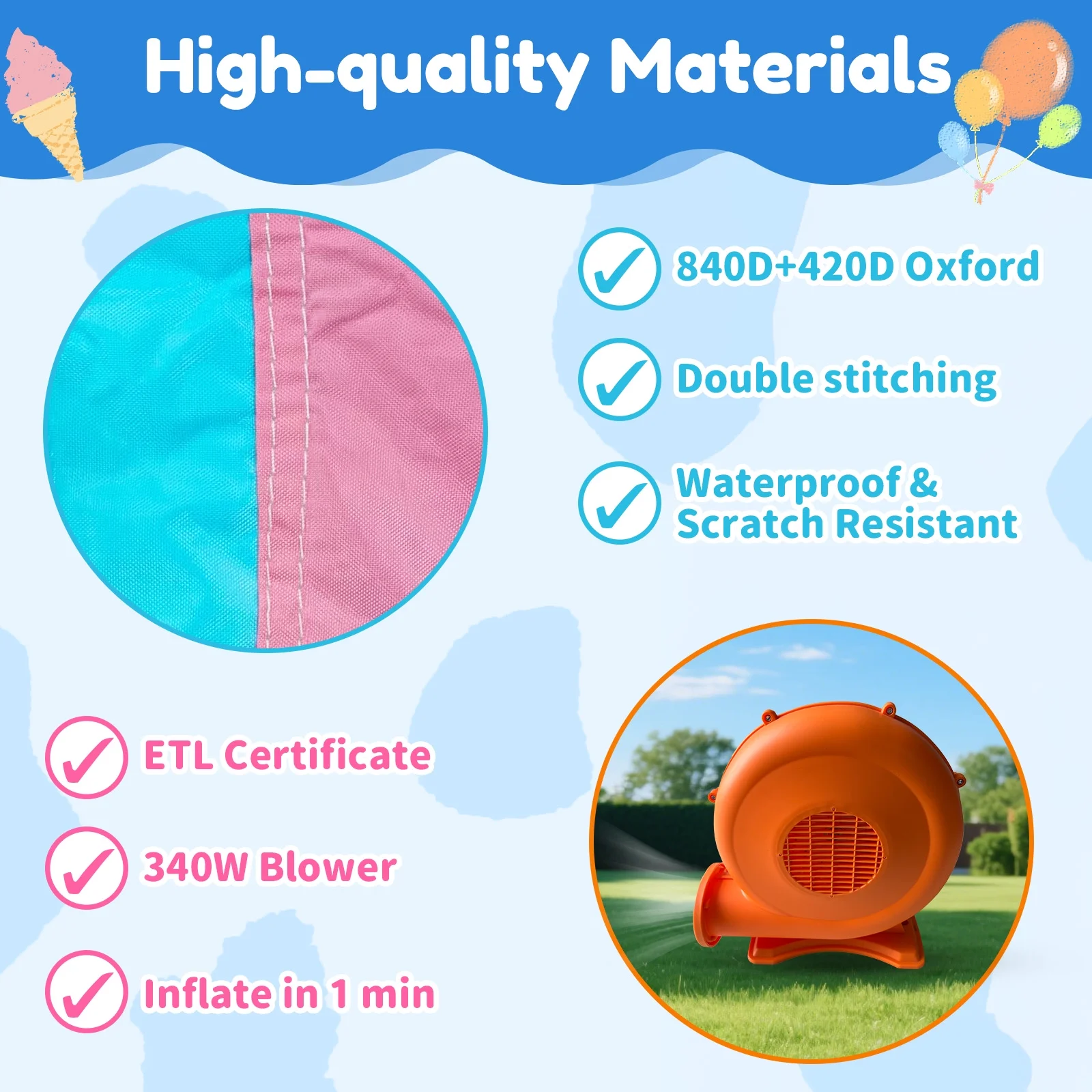 Mukidy 114''x 114'' x 92.5'' Inflatable Bounce Houses for Kids 3-10 with Blower Double Slide and Ball Pit/Indoor Bouncy House, PVC, Child, Teen, Toddler,Blue