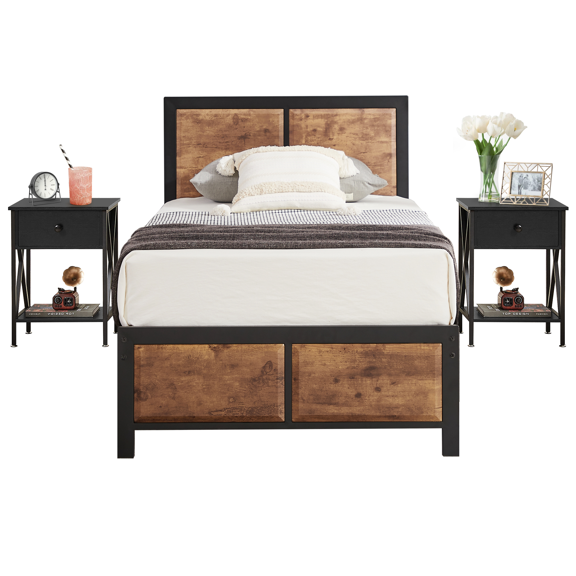 VECELO 3 – Piece Bedroom Set with Twin Size Bed Frame and 1 – Drawer Black Nightstands