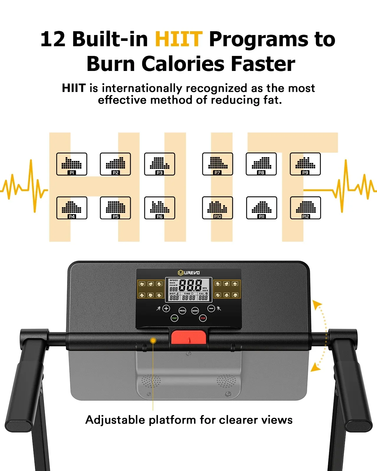 UREVO Folding Treadmill - 2.25HP, 12 HIIT Modes, 265 lbs Capacity, Yellow Or Red