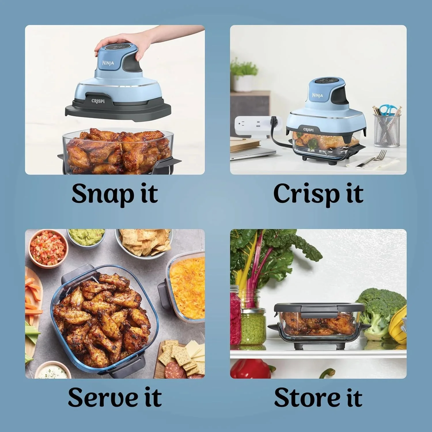 Ninja Crispi 4-in-1 Portable Glass Air Fryer Cooking System, 1500W, 4QT & 6-Cup TempWare Glass Containers with Storage Lids, Microwave, Freezer & Dishwasher Safe