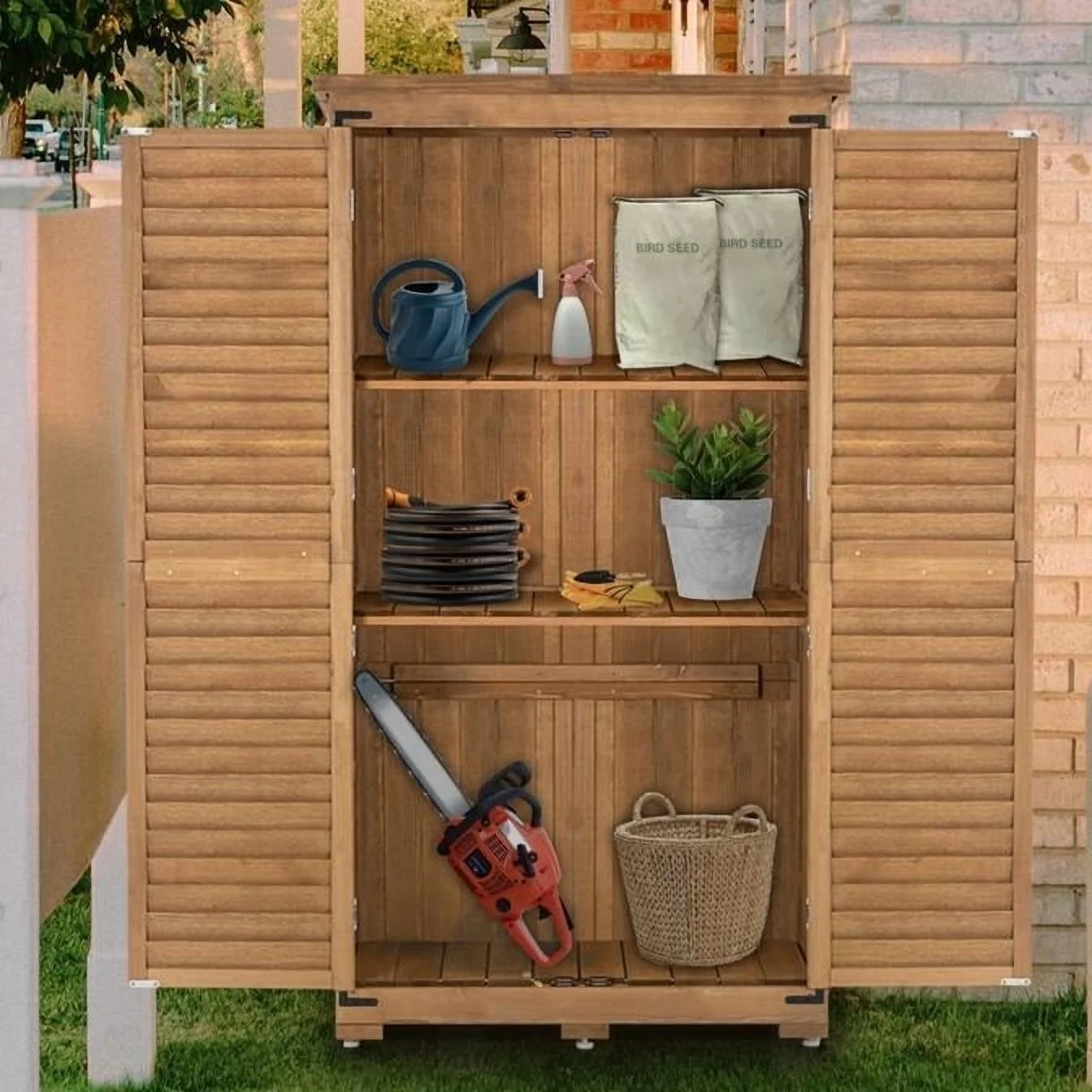 Mcombo 63 inch Tall Outdoor Storage Tool Cabinet Shed with Lock for Yard (34.3″ L x 18.3″ W x 63″ H), Wooden 0870 – N/A Natural