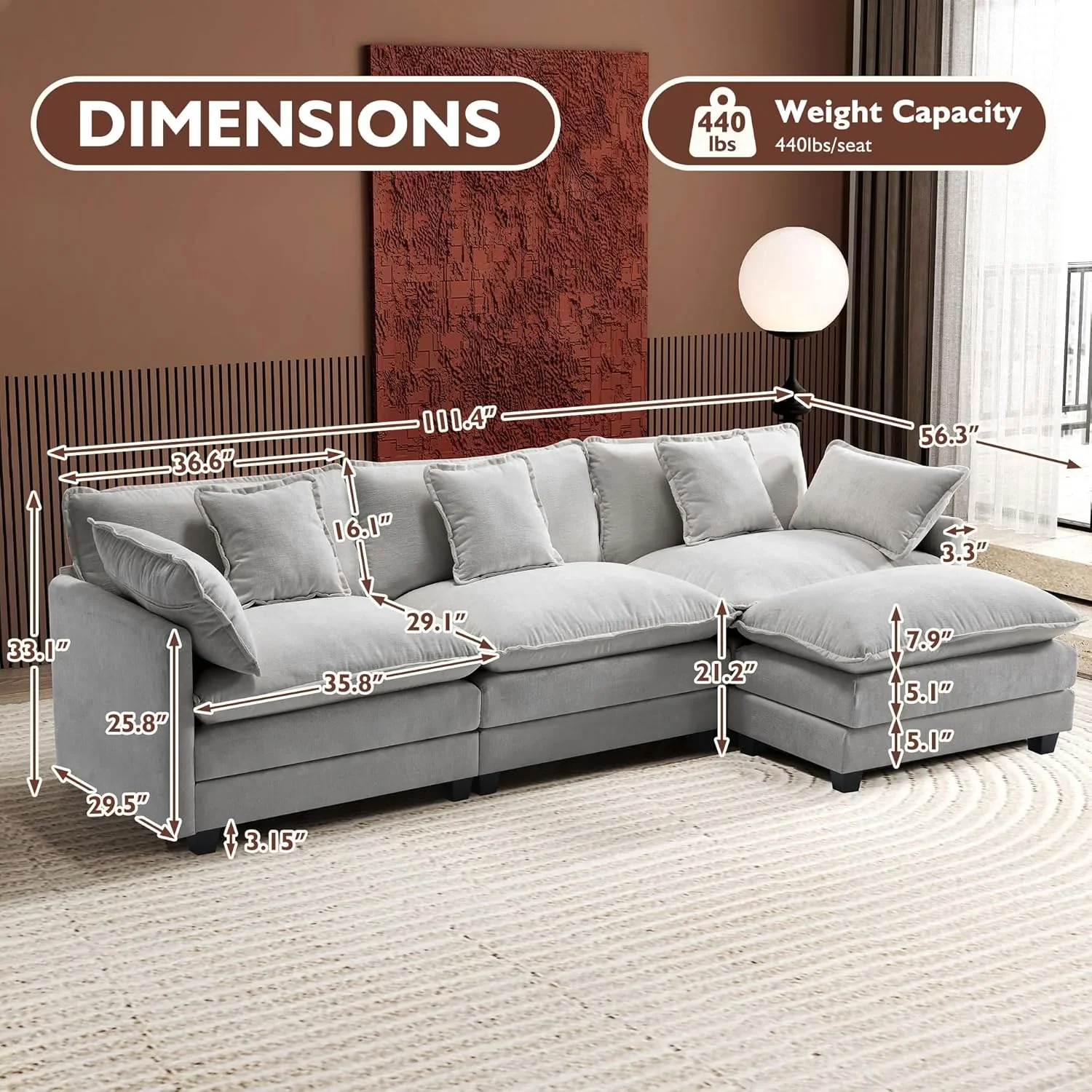 Ihanherry 146" U-Shaped Modern Sofa Modular Sectional Cloud Couch with 2 Ottoman, 6-Seat Chenille Deep Seat Sofa with 6 Pillows for Living Room, Bedroom and Apartment, Grey