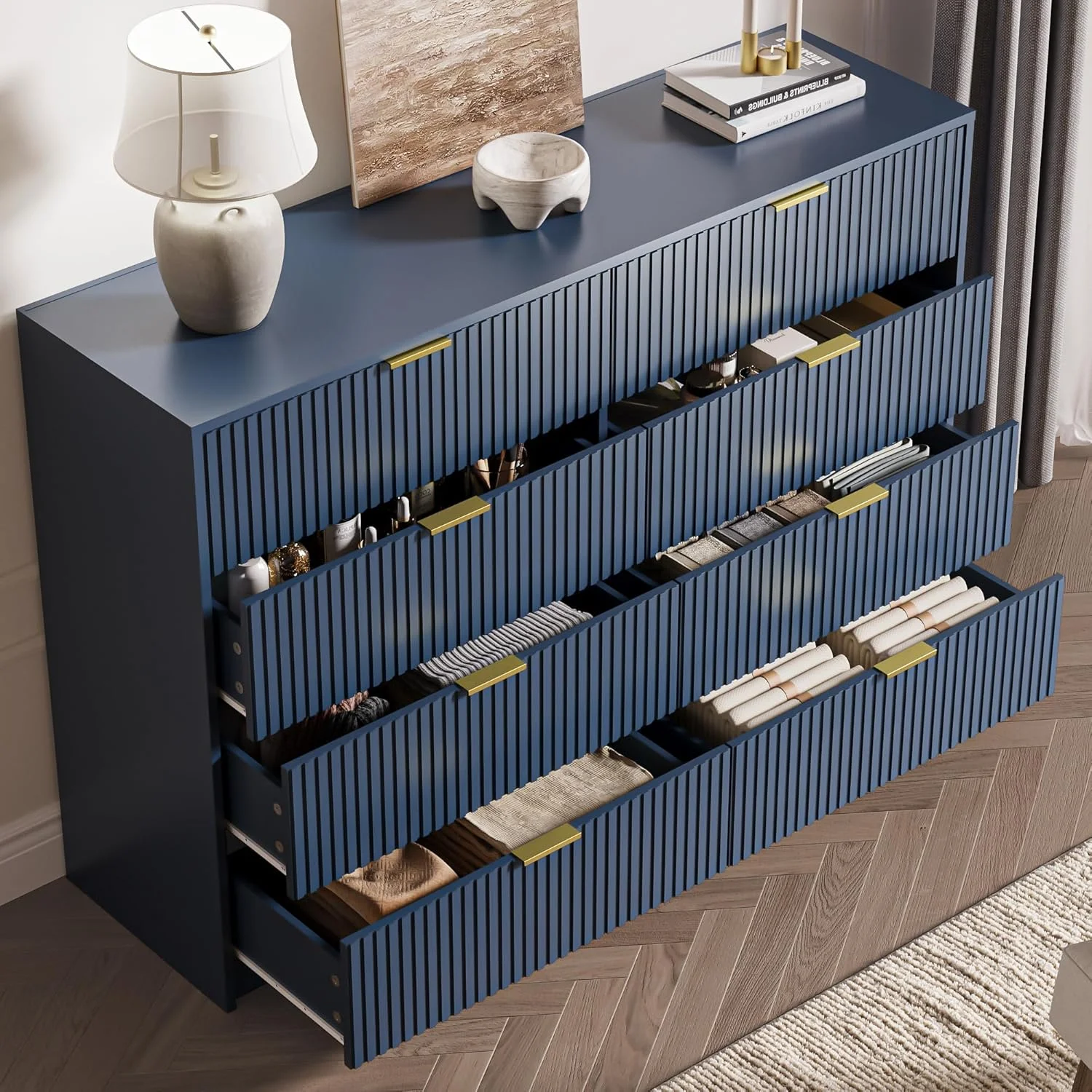Furniway Black Dresser for Bedroom, 8 Drawer Double Dresser, Modern Chest of Drawers for Bedroom, Living Room, Entryway and Closet, 55" L x 15.7" D x 37.4" H