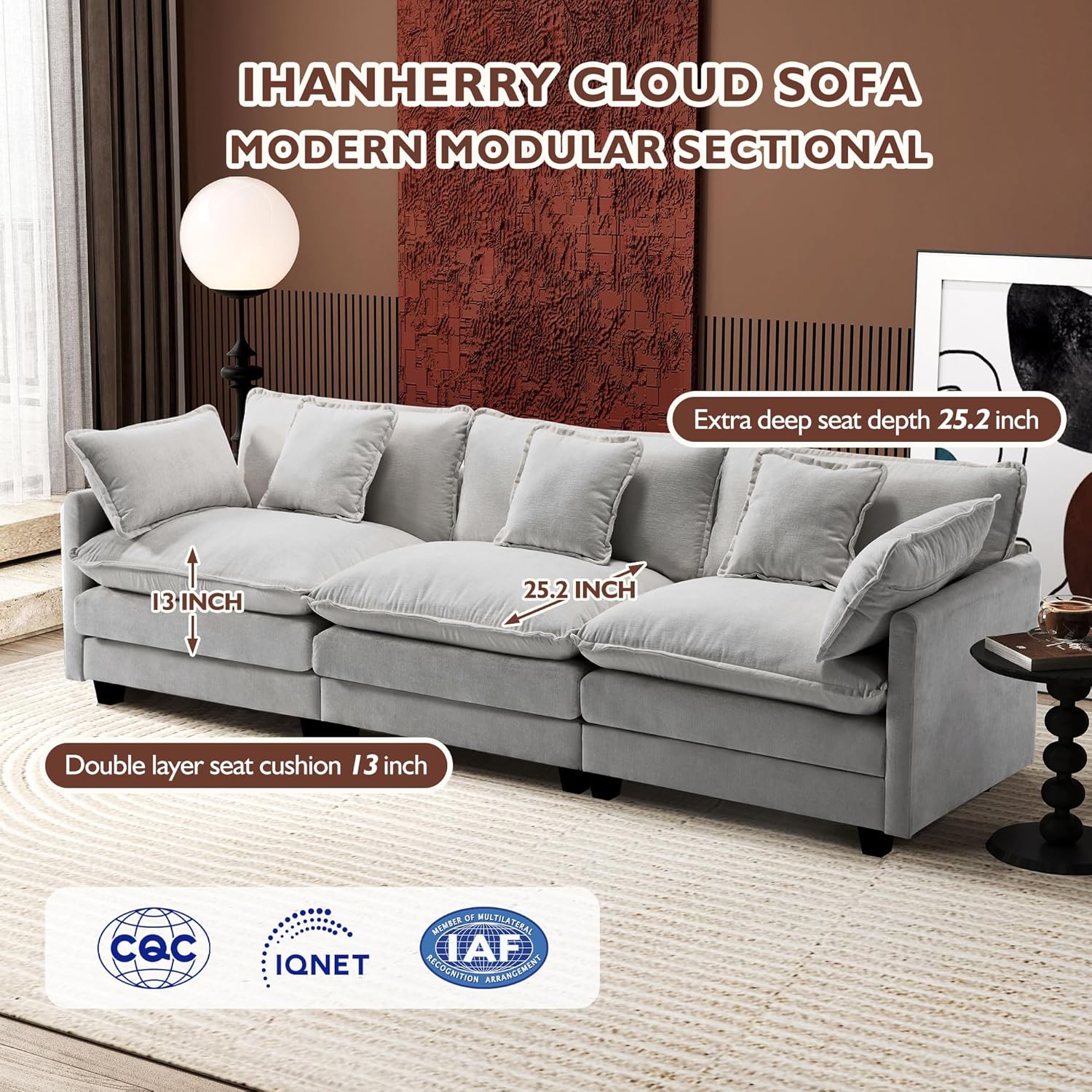 Ihanherry 146" U-Shaped Modern Sofa Modular Sectional Cloud Couch with 2 Ottoman, 6-Seat Chenille Deep Seat Sofa with 6 Pillows for Living Room, Bedroom and Apartment, Grey