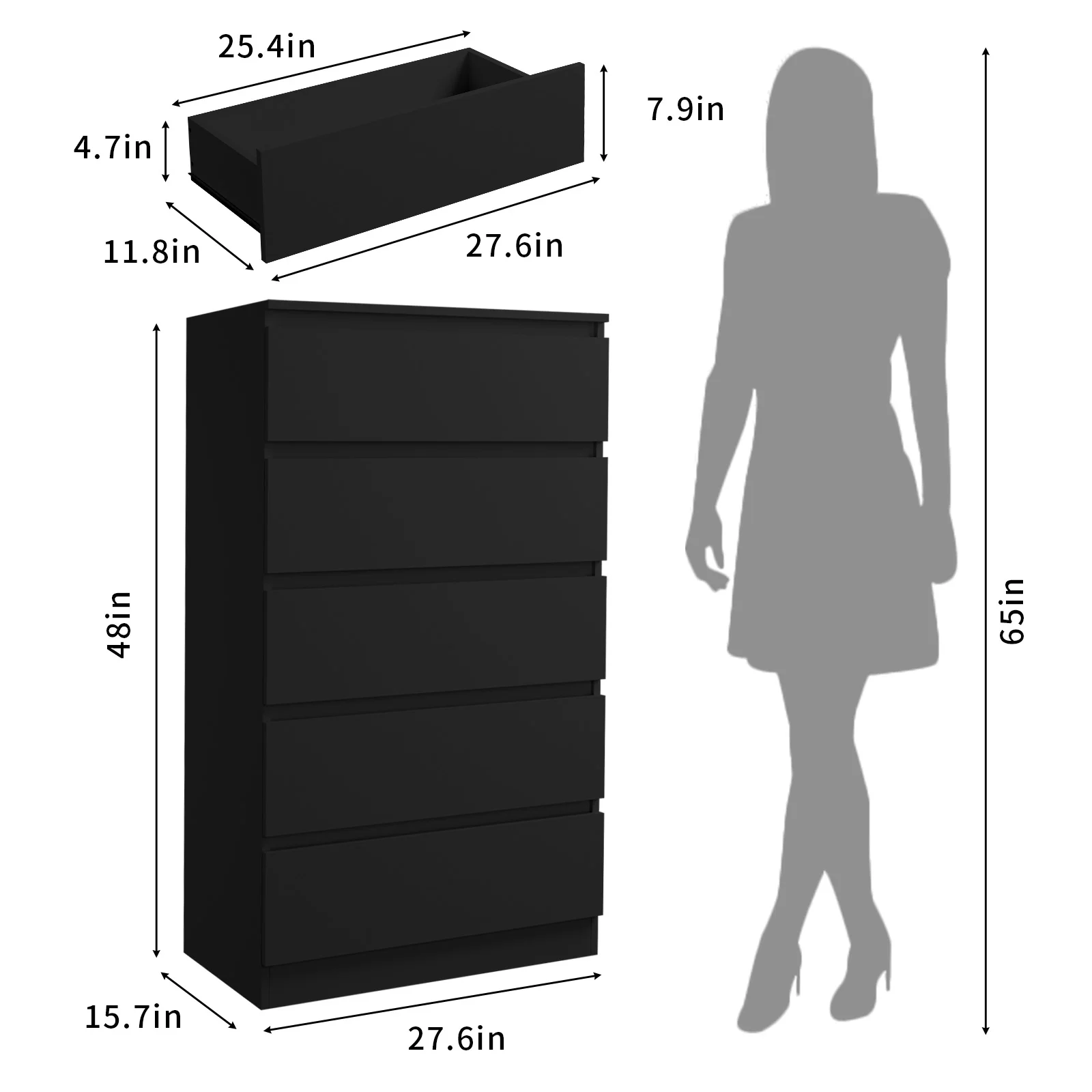 Hommpa Dresser for Bedroom, 48"H White Dresser for Closet, 5 Drawers Tall Wooden Modern Storage Chests of Drawers for Women, Living Room Furniture 27.5"L X 15.7"W X 48"H