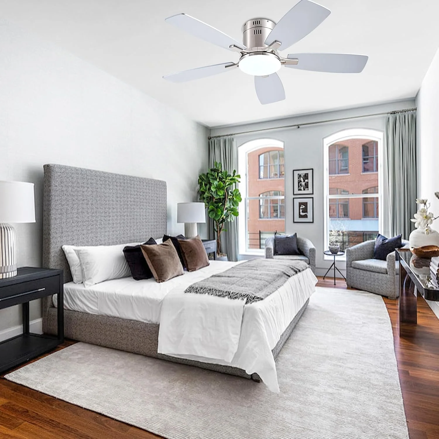 42 Inch Low Profile Ceiling Fans with Lights and Remote, Flush Mount Modern Ceiling Fan, 3 CC T DC Ceiling Fan for Bedroom, Living Room, Brushed Nickel