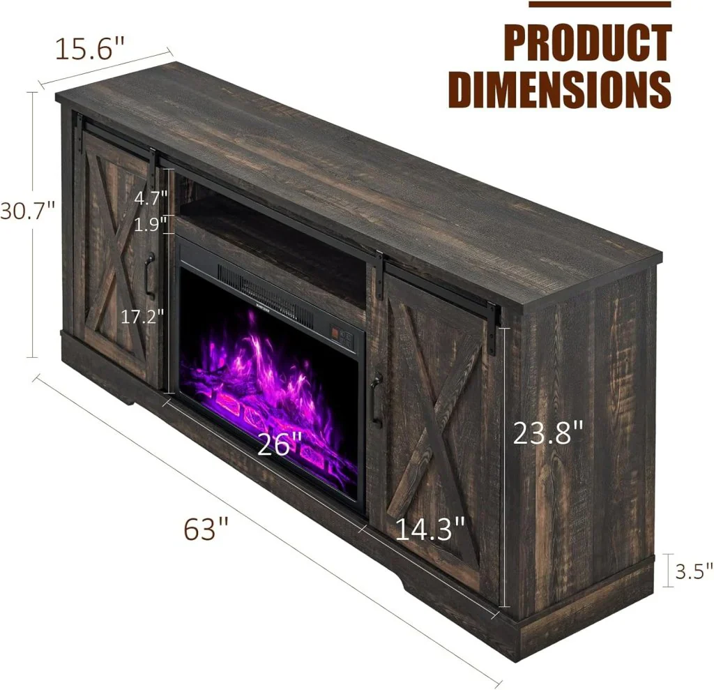 AMERLIFE Fireplace TV Stand with Sliding Barn Door for TVs up to 73", Farmhouse 63" Fireplace Entertainment Center with Storage Cabinets/Adjustable Shelves