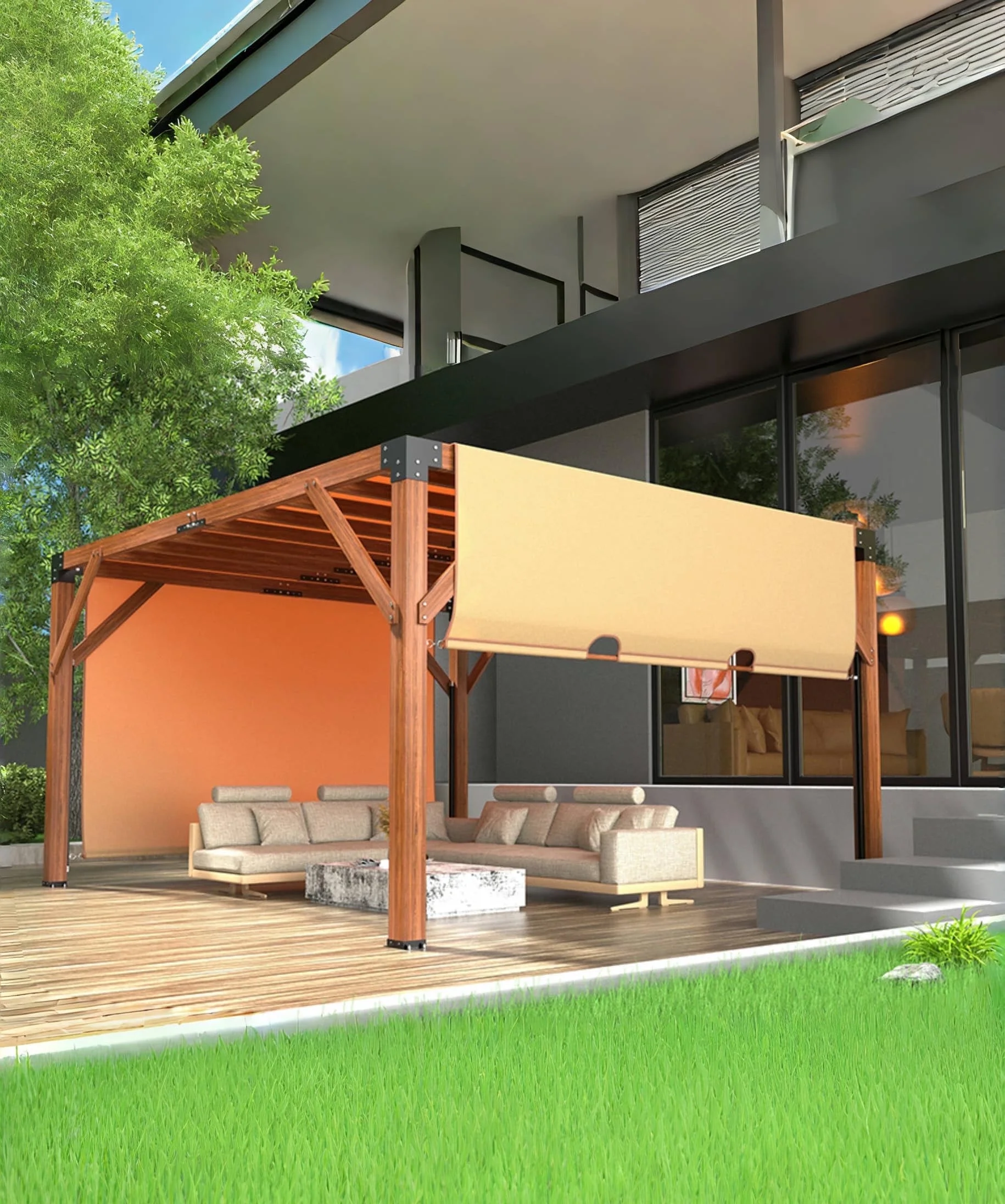 Garvee 10 x 10 feet Wood Pergola, Retractable Shade Canopy, Oak Color