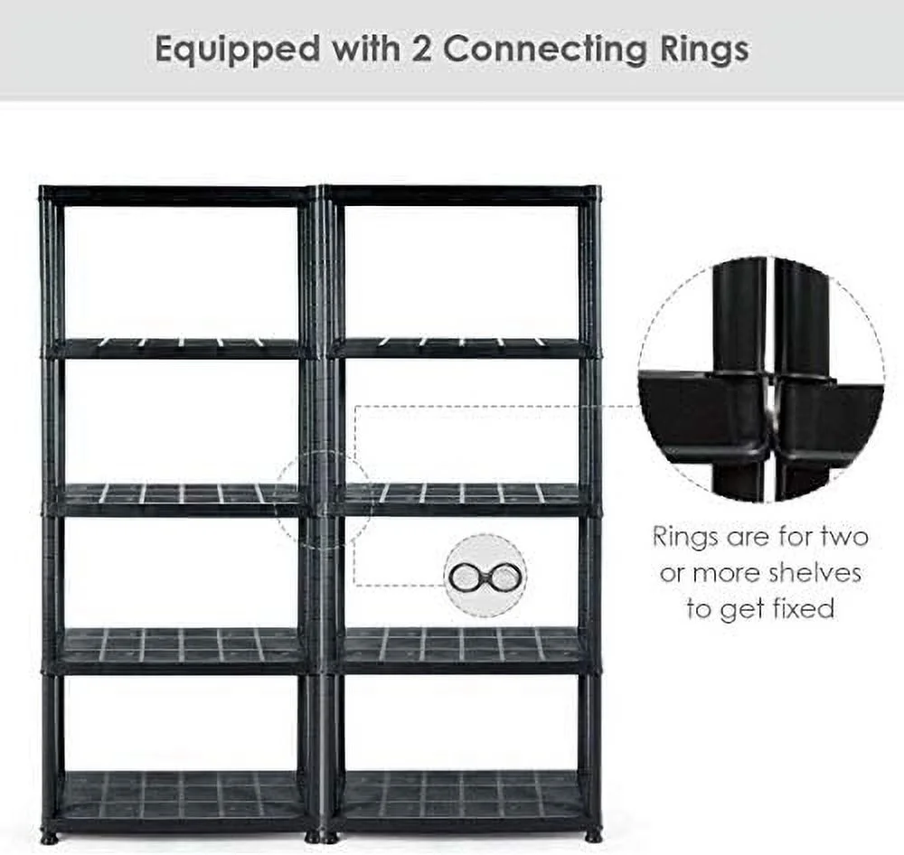 5 Tier Plastic Storage Shelves, Easy to Assemble Garage Rack, Multi-Use Free Standing Shelf Unit, Heavy Duty Shelving for Home Office, Black(2, 36L X 18W X 73H)