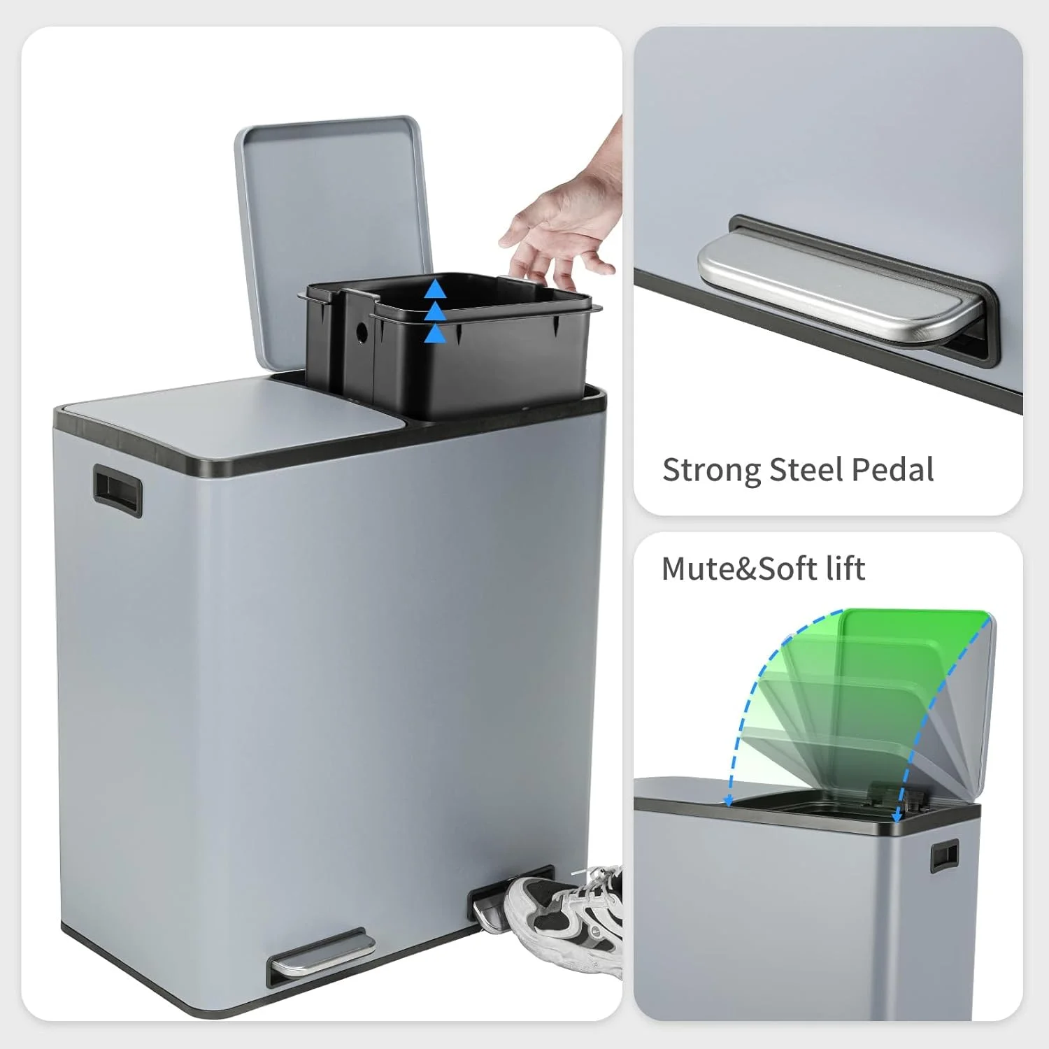 Arlopu 60 L/16 gal Dual Trash Can, Stainless Steel Garbage Can for Kitchen, Recycle Bin with Lid