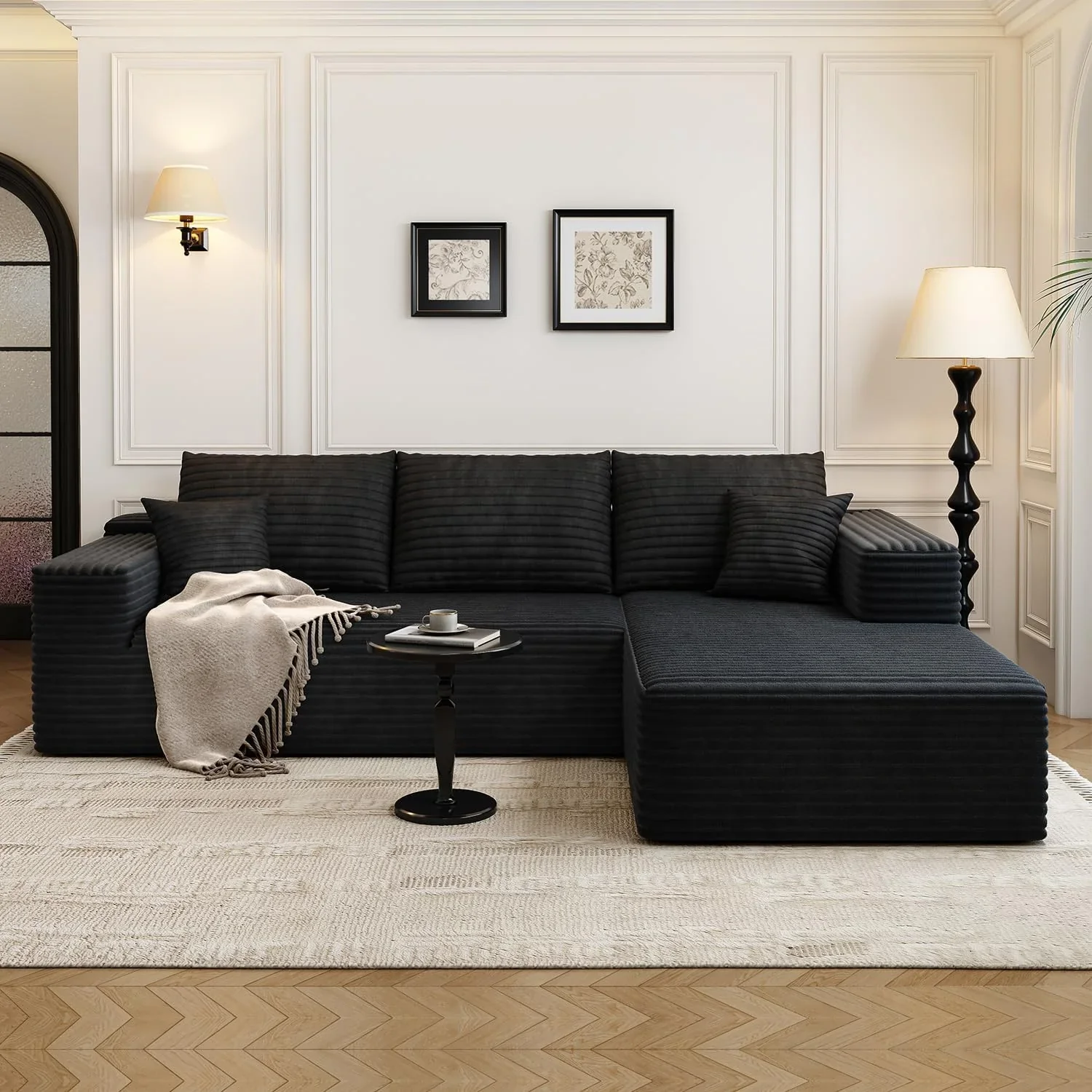 107.5" Cloud Modular Sectional Sofa Couch with L-Shape Chaise,Modern Minimalist Upholstered Couches for Living Room Bedroom,Deep Seat Corner Couch .No Assembly Required (Black,Left Facing Chaise)