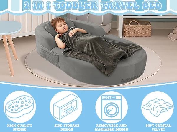 Coumy Toddler Travel Bed 2-in-1 Kids Sofa Chair with Removable Cover, Soft Foam Portable Foldable Toddler Bed for Travel with Carrying Bag, Blue