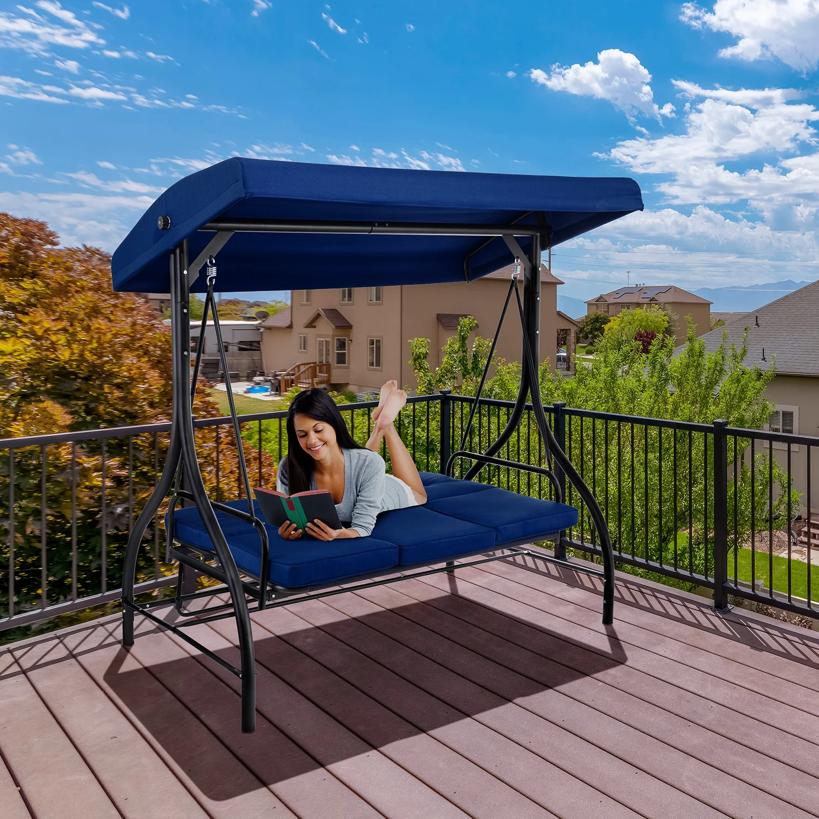 Pirecart 3 Person Patio Porch Swing Outdoor Converting Swing Glider Hammock with Adjustable Canopy, Cushions, Red