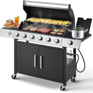 Upgraded 4 Burner BBQ Propane Gas Grill with Cast Iron Grates & Side Stove, 44,000 BTU Stainless Steel Burner Barbecue Grill for Patio, Camping, Outdoor Cooking.