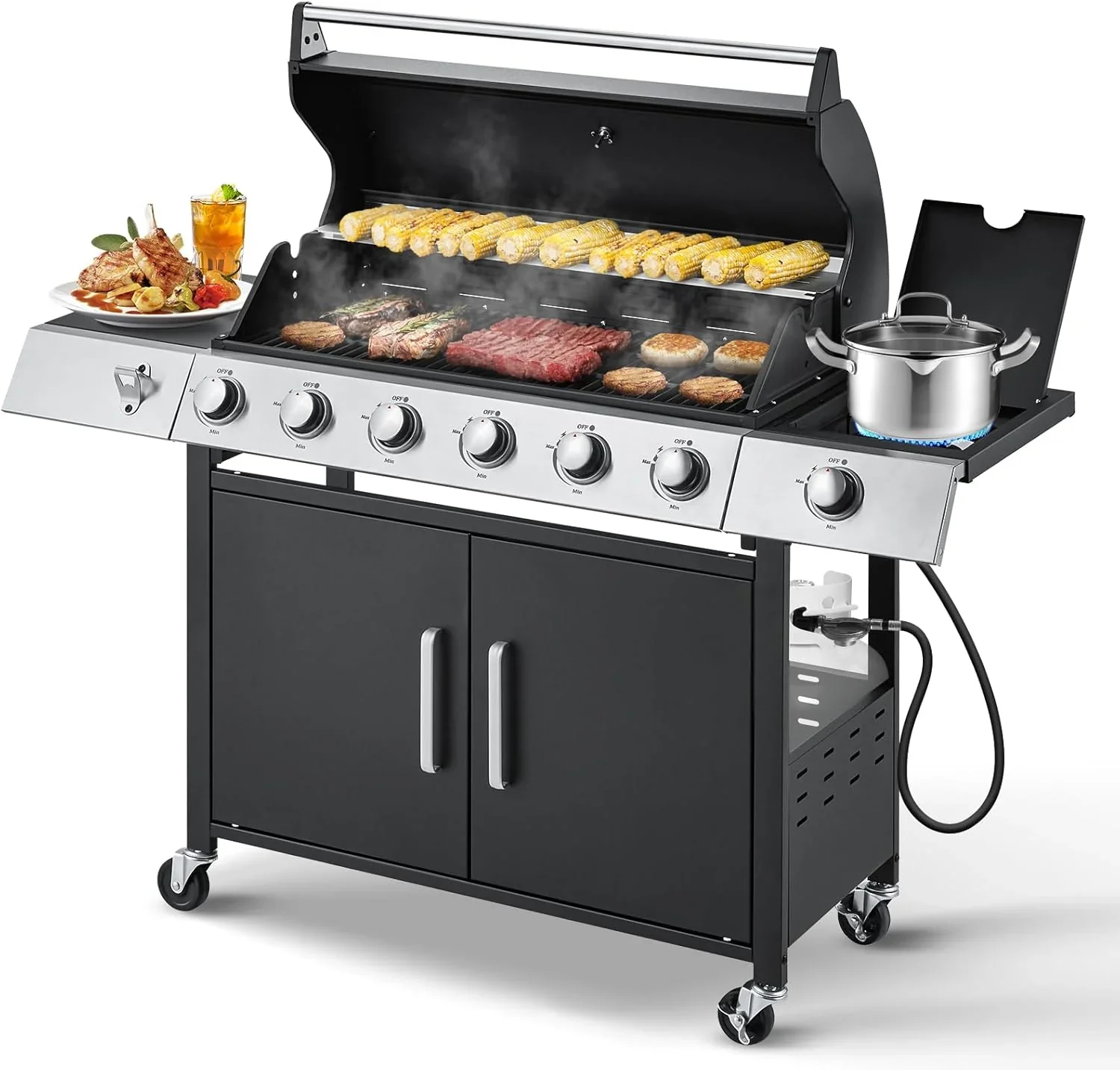Upgraded 4 Burner BBQ Propane Gas Grill with Cast Iron Grates & Side Stove, 44,000 BTU Stainless Steel Burner Barbecue Grill for Patio, Camping, Outdoor Cooking.