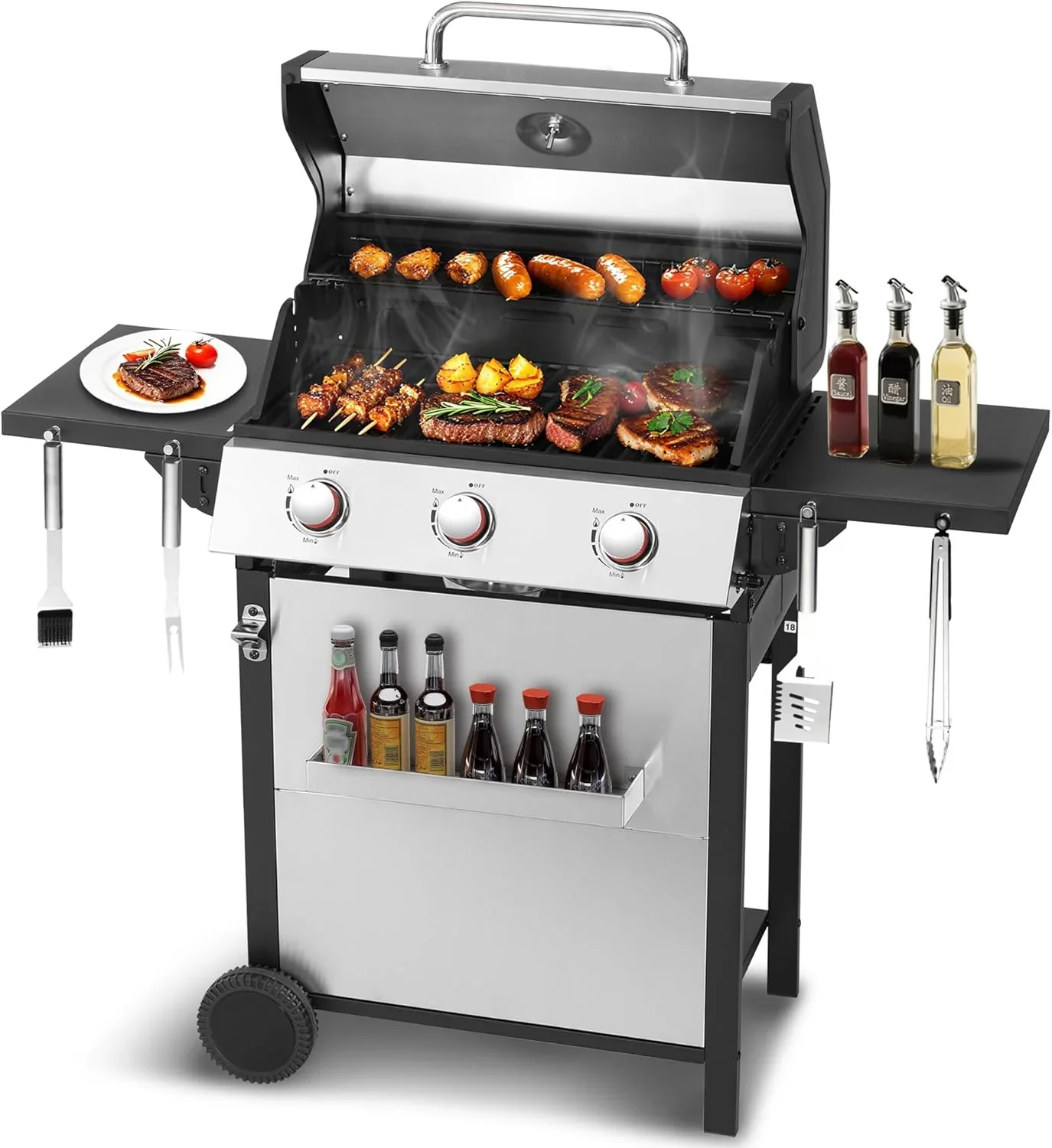 3-Burner Propane Gas Grill with 30,000 BTU Output – Double-layer Stainless Steel Grill Lid, Cast Iron Cooking Grids, Easy-Clean Grease Management & Even Heat Distribution for Perfect BBQs