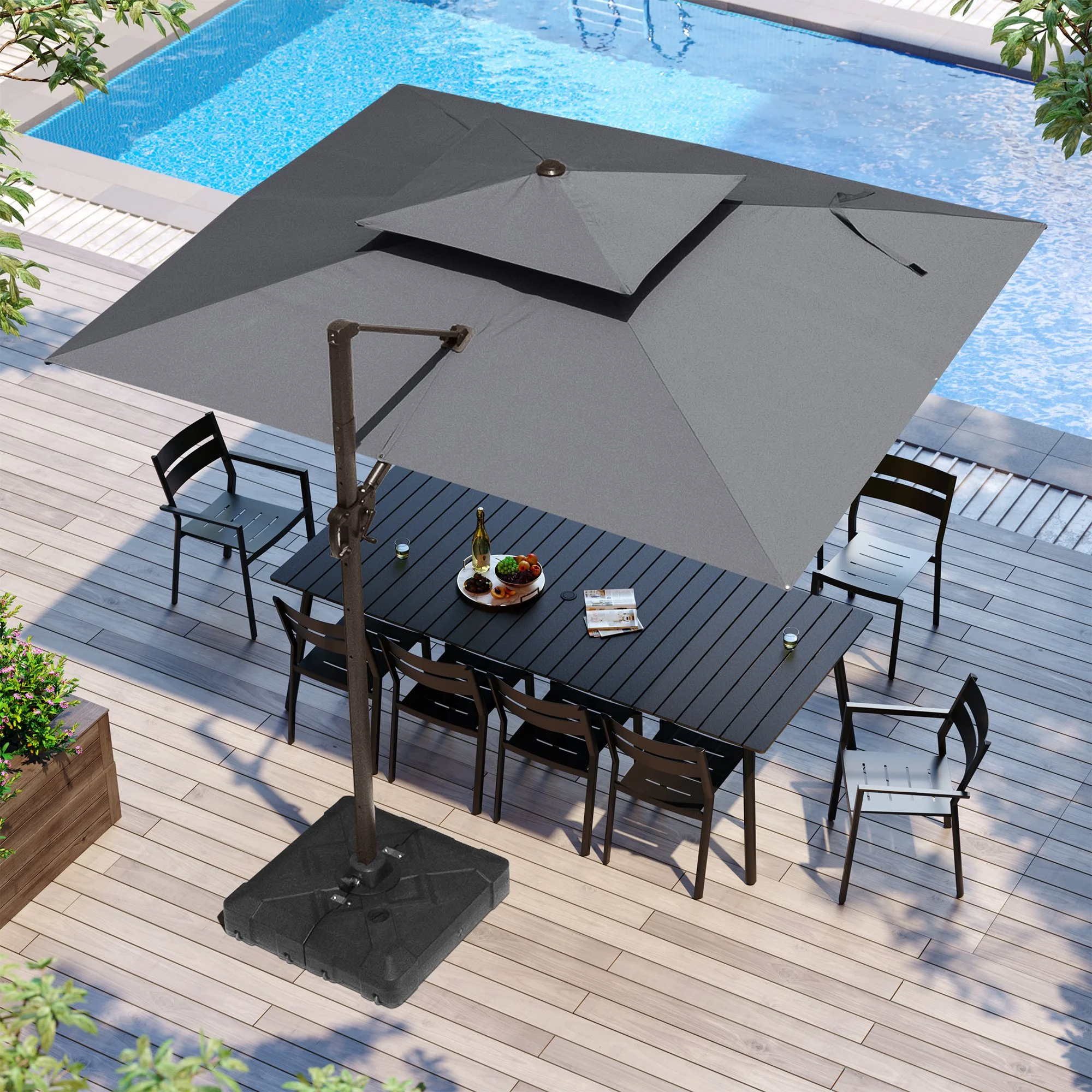 Pellebant 11 ft. x 9 ft. Rectangular Double Top Patio Cantilever Umbrella, Black