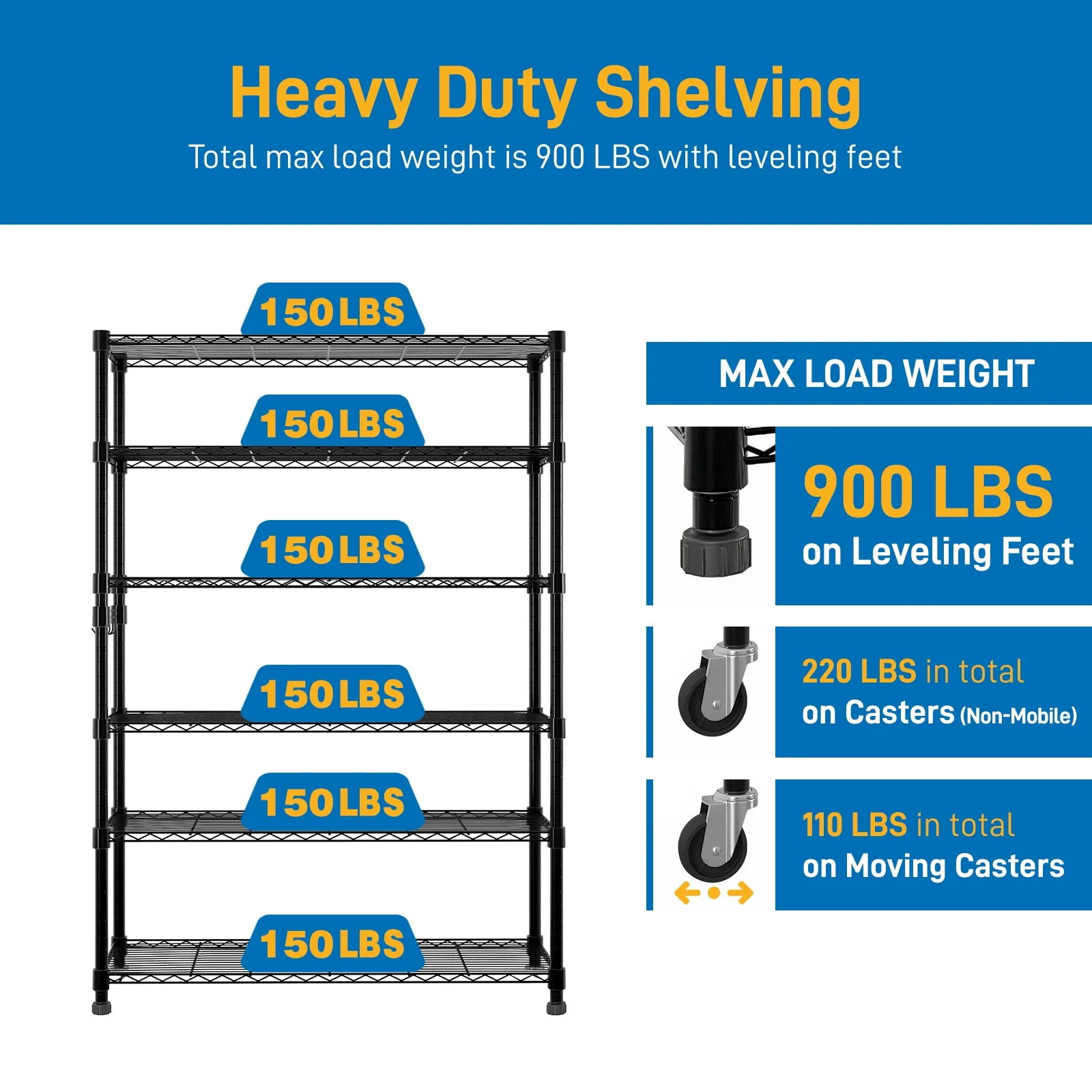 Ktaxon 6 Tier Wire Shelving with Wheels, 46"D x 18"W x 82"H Multifunctional Storage Rack Metal Garage Shelves Organizer, Capacity for 900lbs, Silver