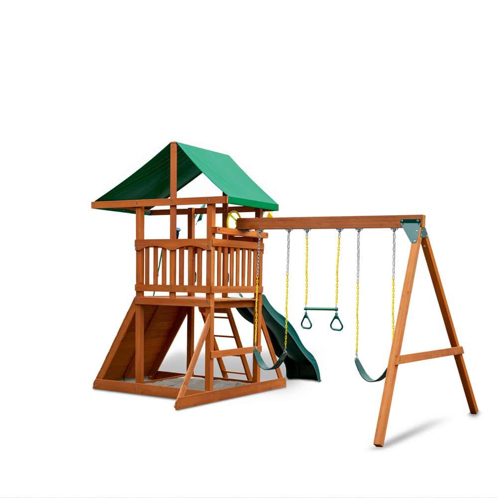 DIY Wooden Outdoor Playset With Tarp Roof, Rock Wall, Wave Slide, 3 Swings – Outing III