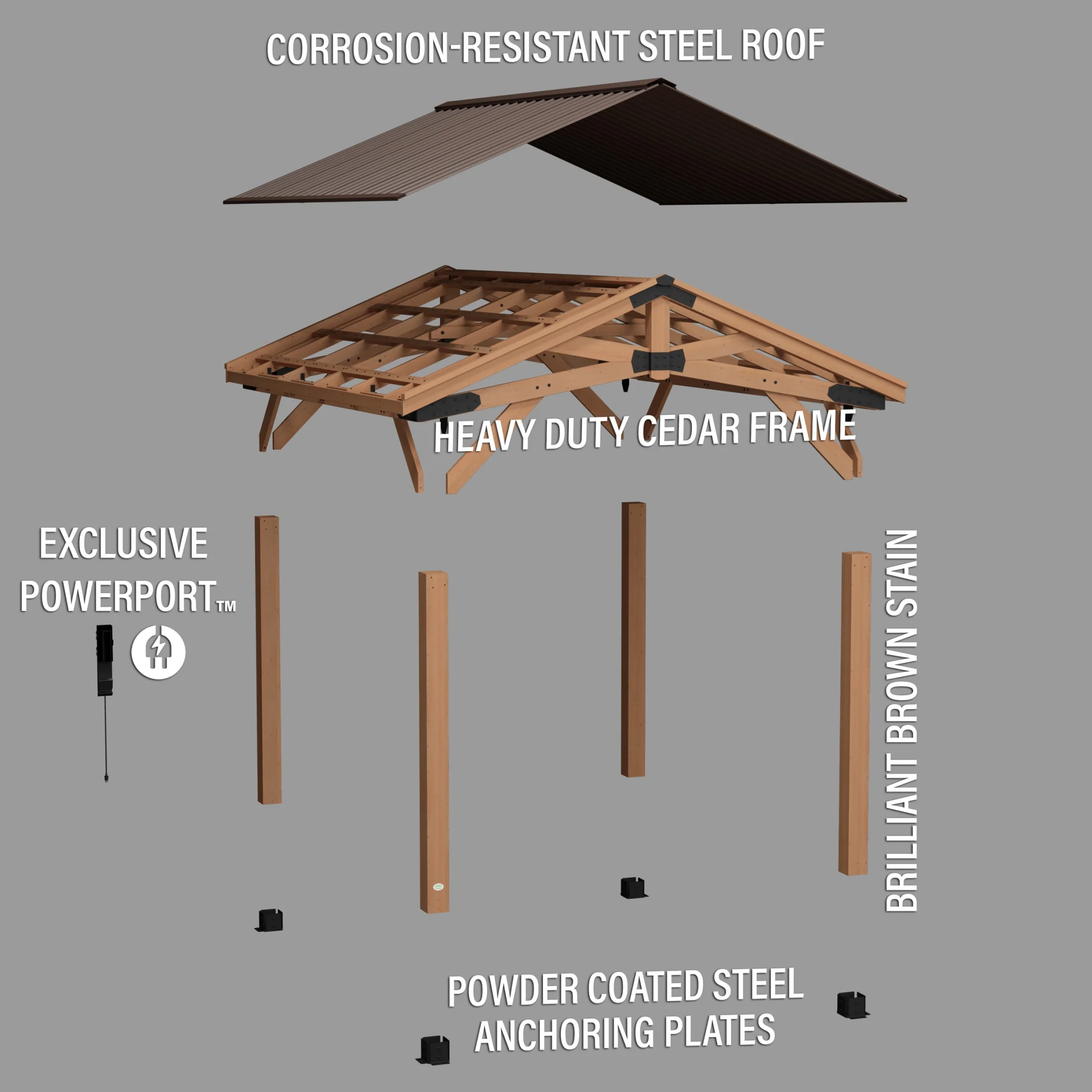 Backyard Discovery Norwood 14' x 12' Cedar Wood Gazebo, Galvanized Steel Roof, PowerPort