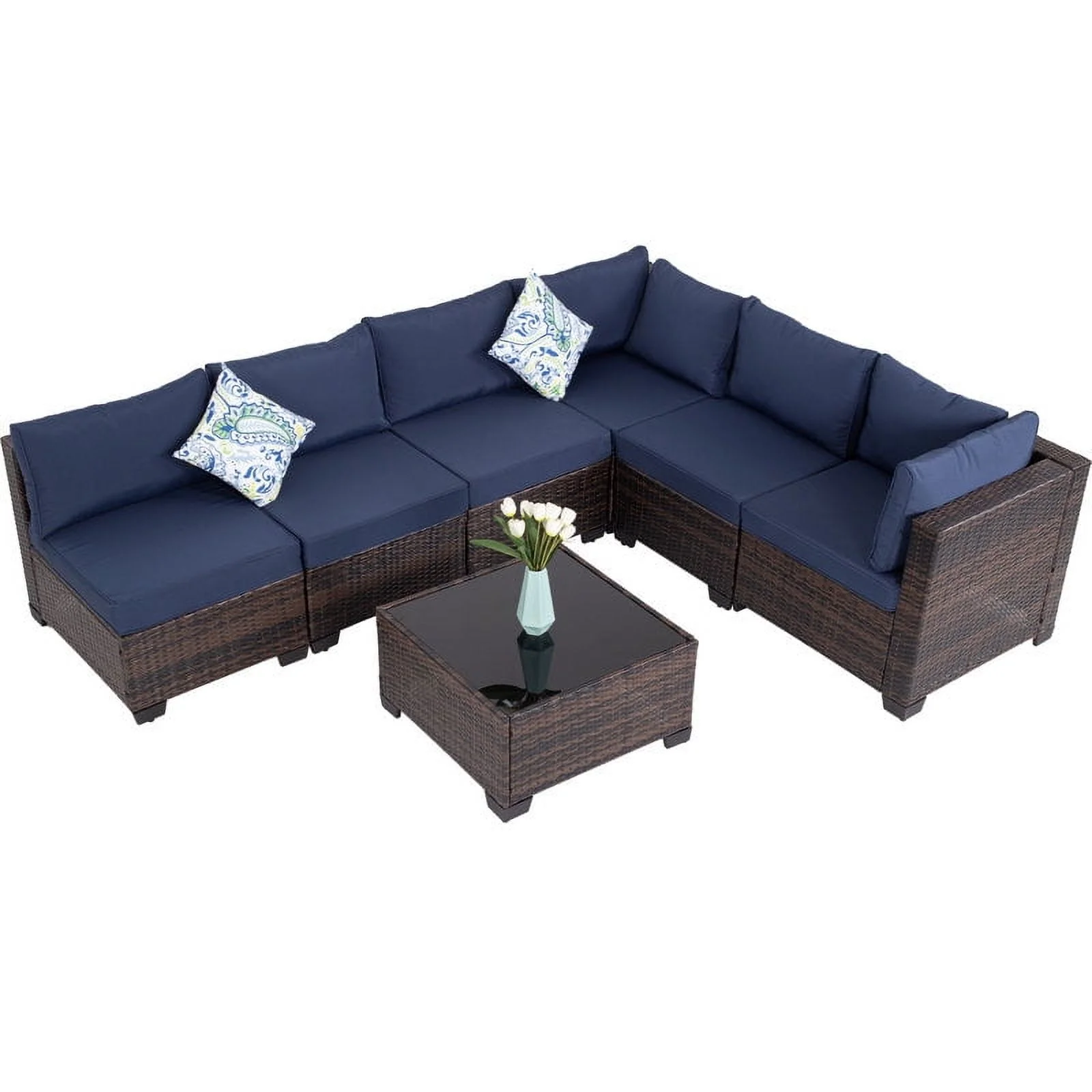 Ainfox 7 Pcs Outdoor Patio Furniture Sofa Set, Grey Rattan Grey Cushion