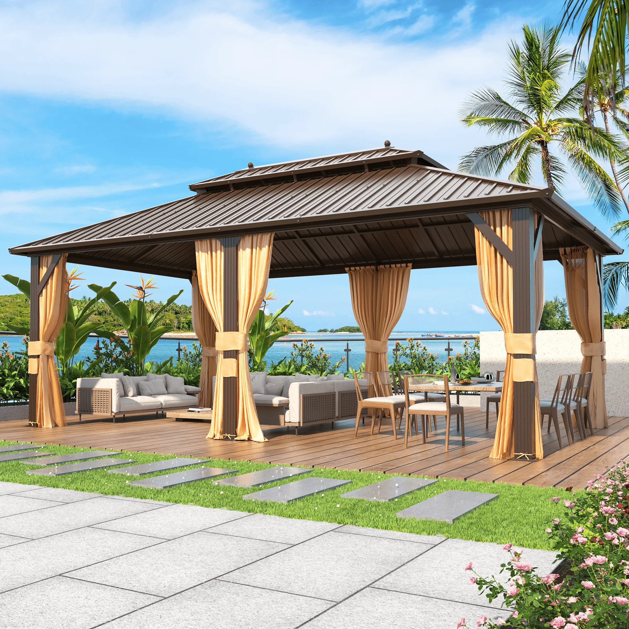 Hommow 10' X 12' Hardtop Gazebo Aluminum Frame Gazebo with Galvanized Steel Double Roof