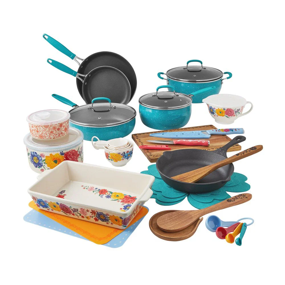 The Pioneer Woman Brilliant Blooms 38-Piece Cookware Set, Teal – Complete Kitchen Solution with Floral Design